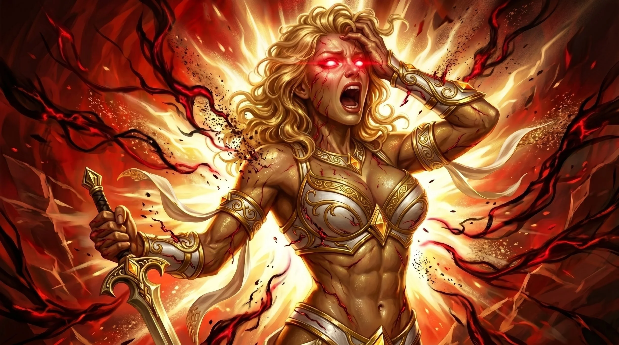 A fierce female warrior with glowing red eyes and a sword, surrounded by fiery energy and dark tendrils in a battle stance.