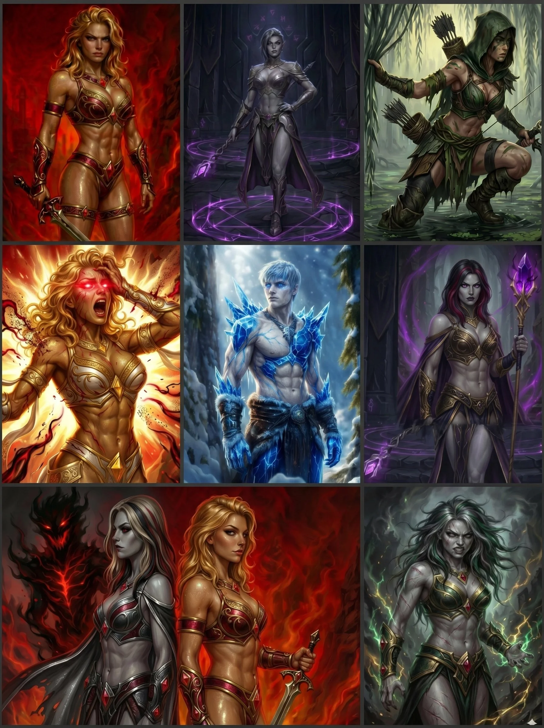 A collage of six fantasy character illustrations, mostly female warriors and mages, with varying backgrounds and armor styles, some with fiery or icy elements and mystical auras.