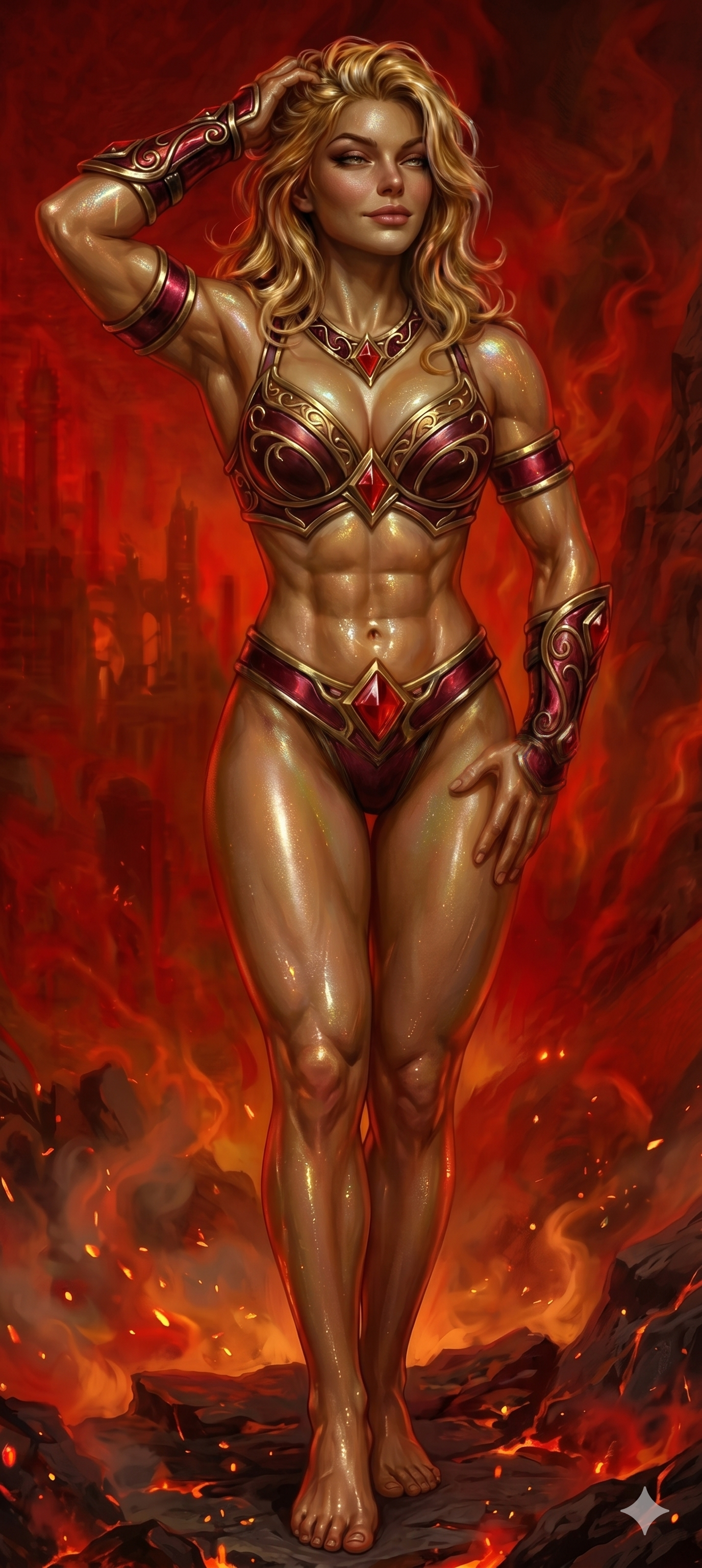 A muscular woman with long blonde curly hair posing confidently with one hand resting on her head. She is dressed in armor-like red and gold clothing with gemstone accents, standing amidst a fiery, volcanic background.