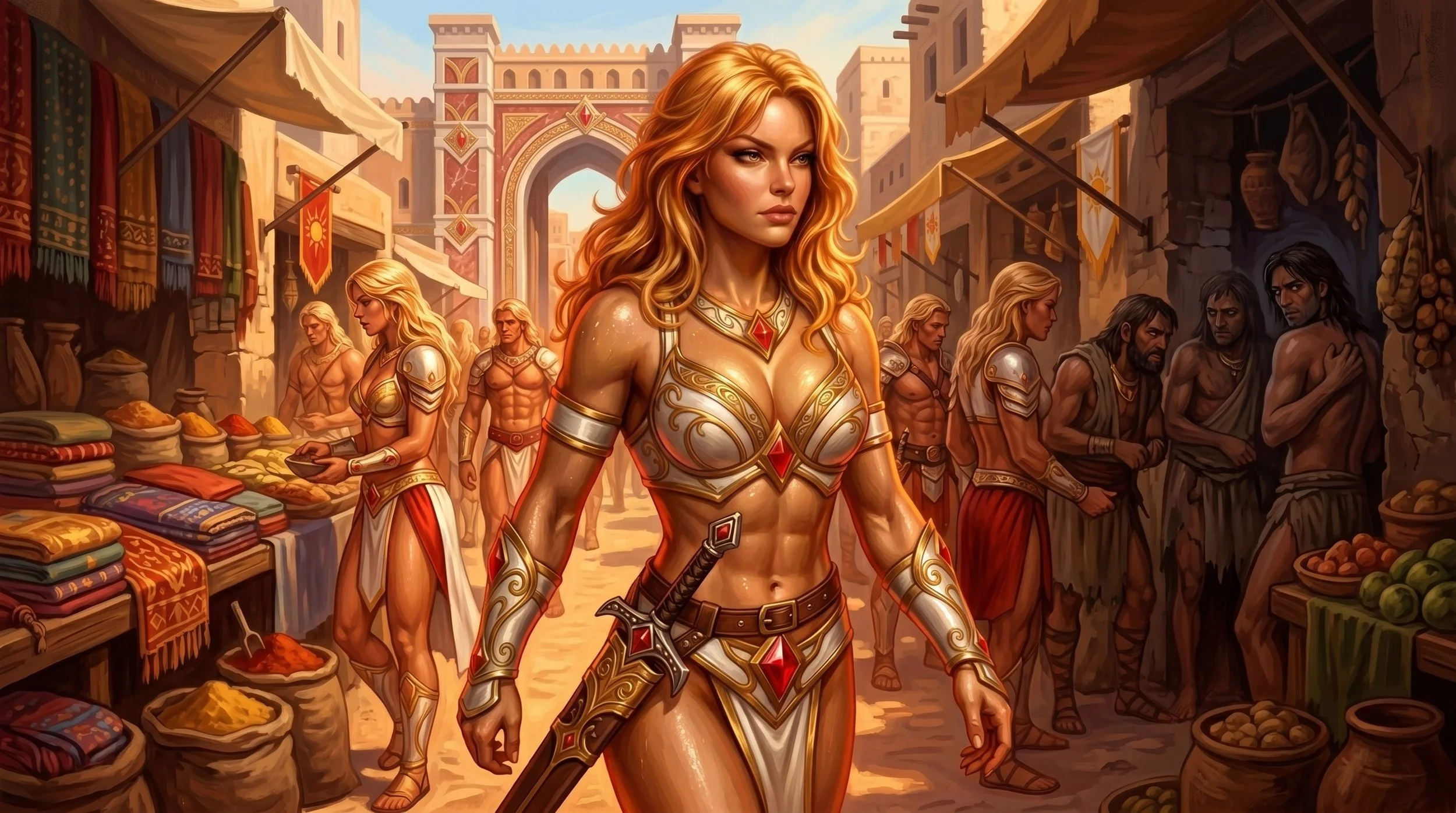 A woman with long, wavy, red hair wearing gold and red armor standing in the middle of a bustling marketplace street in a fantasy city. The market has stalls with textiles and goods, and other characters dressed in fantasy clothing, some shirtless an