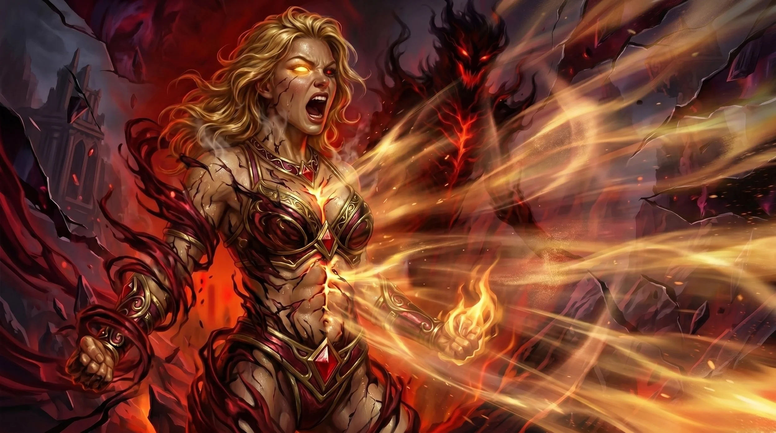 A fierce female warrior with fiery energy, glowing eyes, and torn armor, surrounded by flames and destruction.