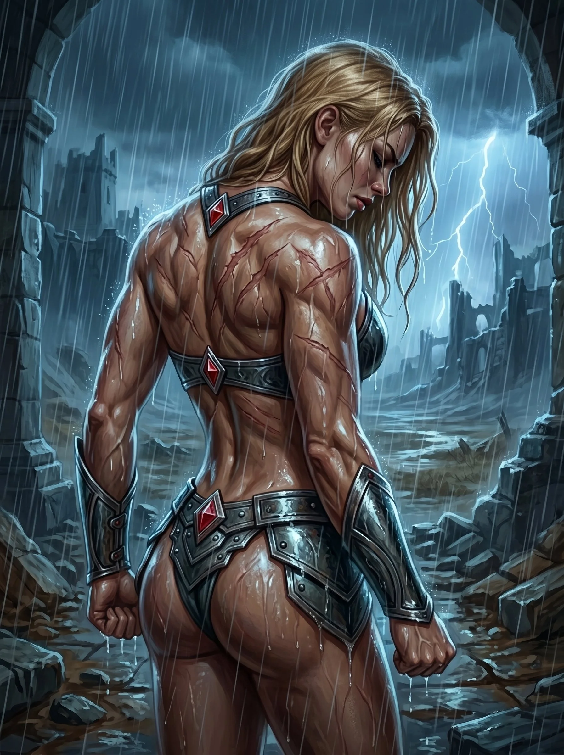 A muscular woman with long blonde hair stands in the rain, with visible scratches on her back, in a ruined cityscape under stormy skies and lightning.