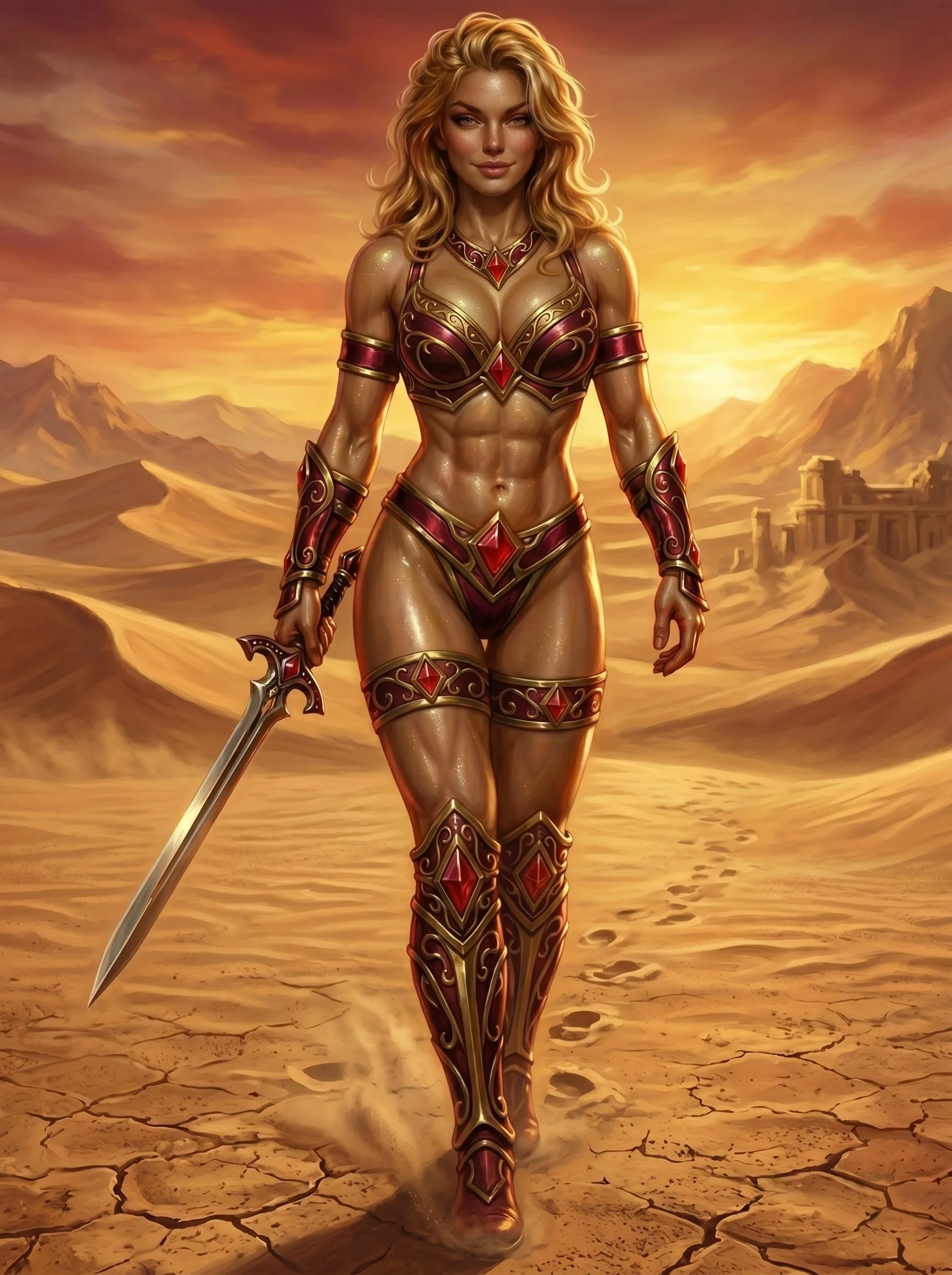 A fantasy digital painting of a strong female warrior with blonde wavy hair, wearing red and gold armor, walking on a cracked desert landscape with mountains and a sunset sky in the background, holding a sword in her right hand.