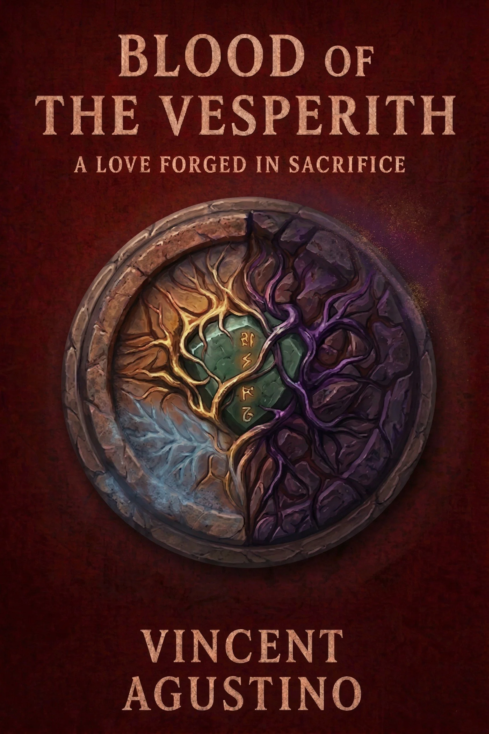 Book cover titled 'Blood of the Vesperith: A Love Forged in Sacrifice' by Vincent Agustino, featuring a circular design with a tree made of roots, divided into different colored sections.