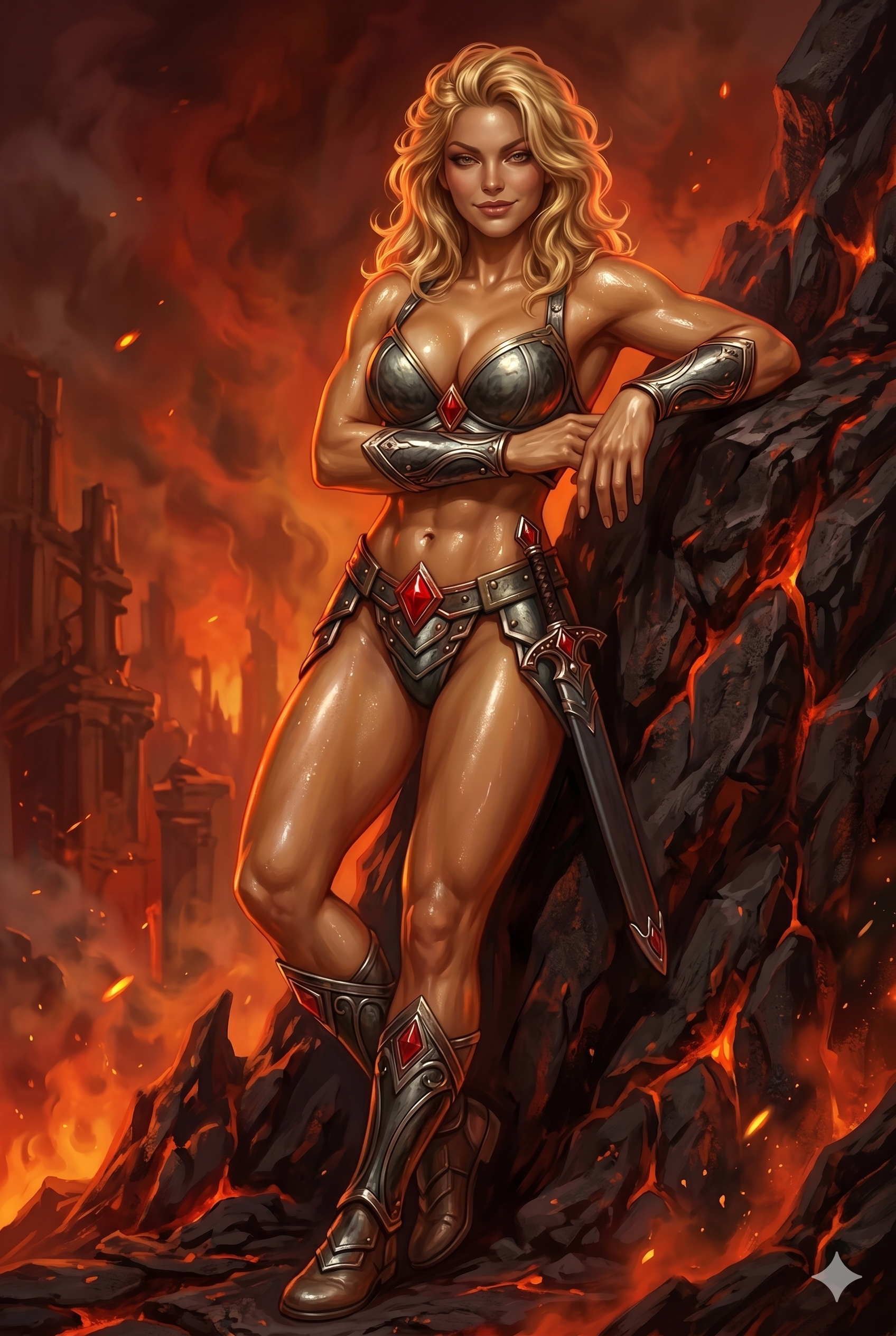 A blonde female warrior in armor with a background of fire and volcanic rocks.