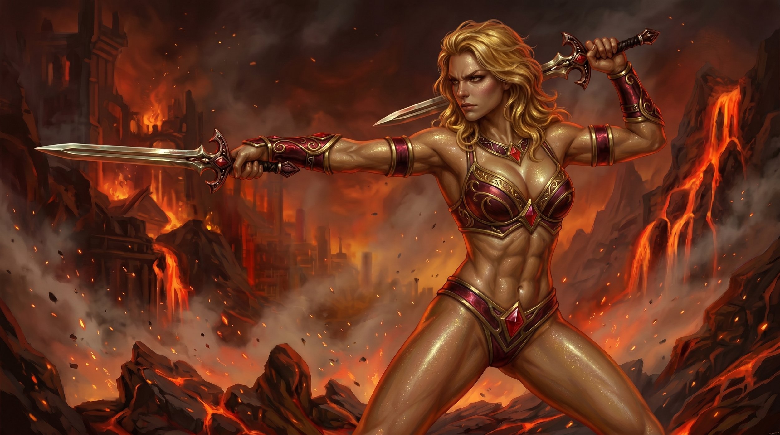 A fierce female warrior with blonde hair fighting in a fiery battlefield with lava and destruction in the background.