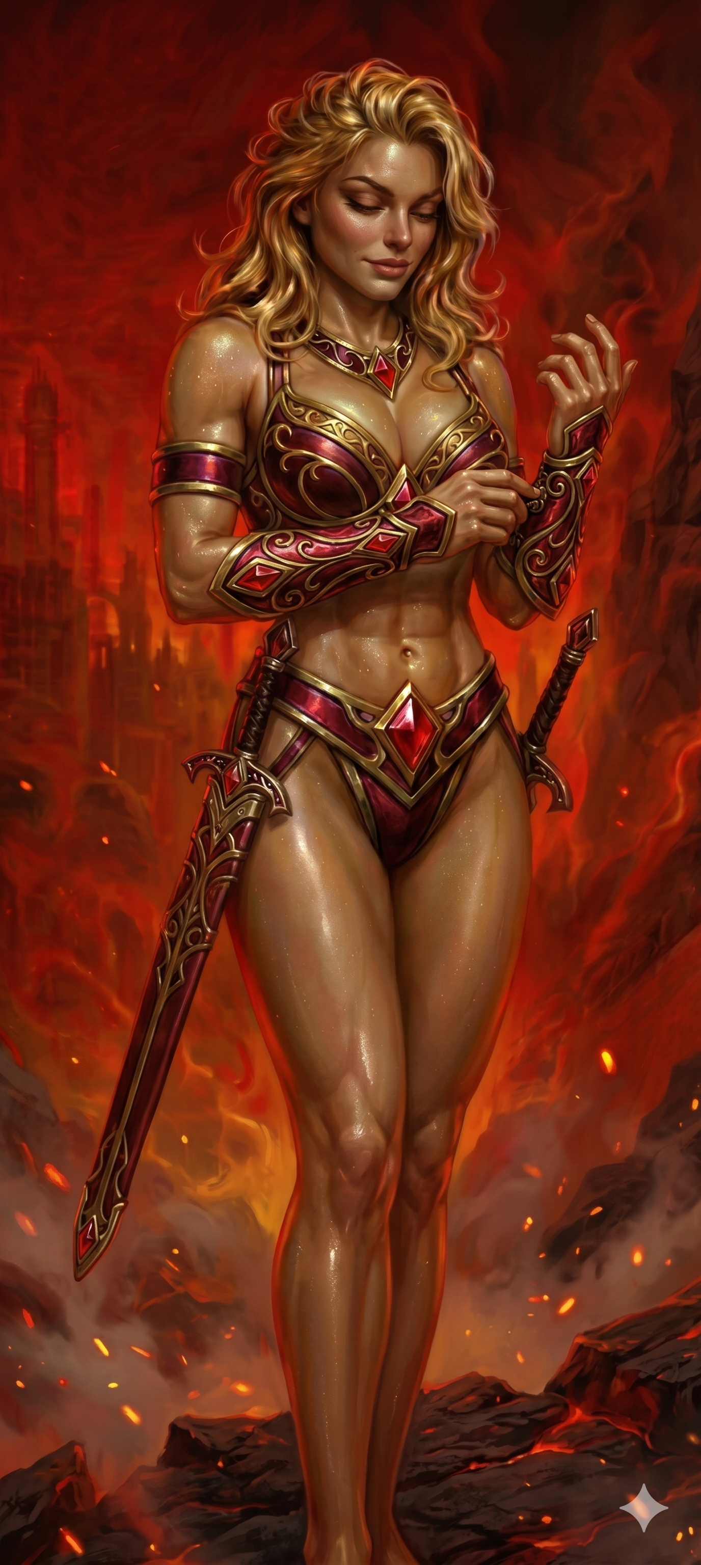 A fantasy warrior woman with long blonde hair stands in a fiery background. She is dressed in ornate red and gold armor with a large red gemstone centerpiece, and she holds a sword, with a second sword sheathed at her thigh. The scene has a dark, fie