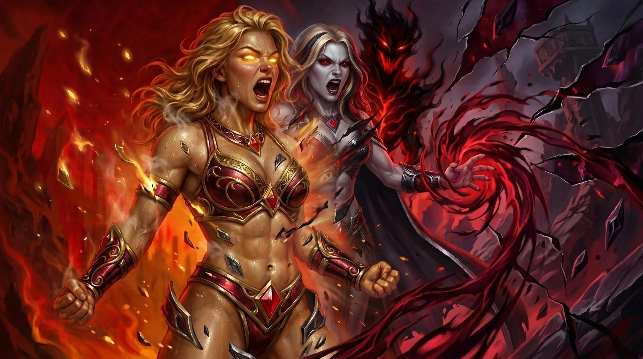 Female warrior with glowing eyes and fiery armor, fighting dark supernatural beings amidst flames and destruction.