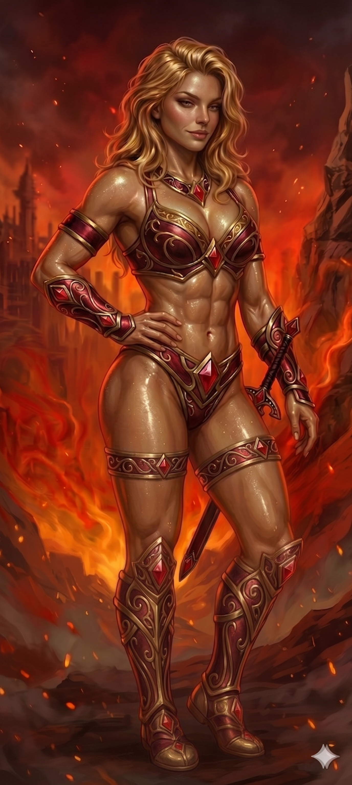 Digital illustration of a female warrior with blonde hair, wearing revealing armor with red and gold accents, standing in a fiery landscape with flames and city ruins in the background.