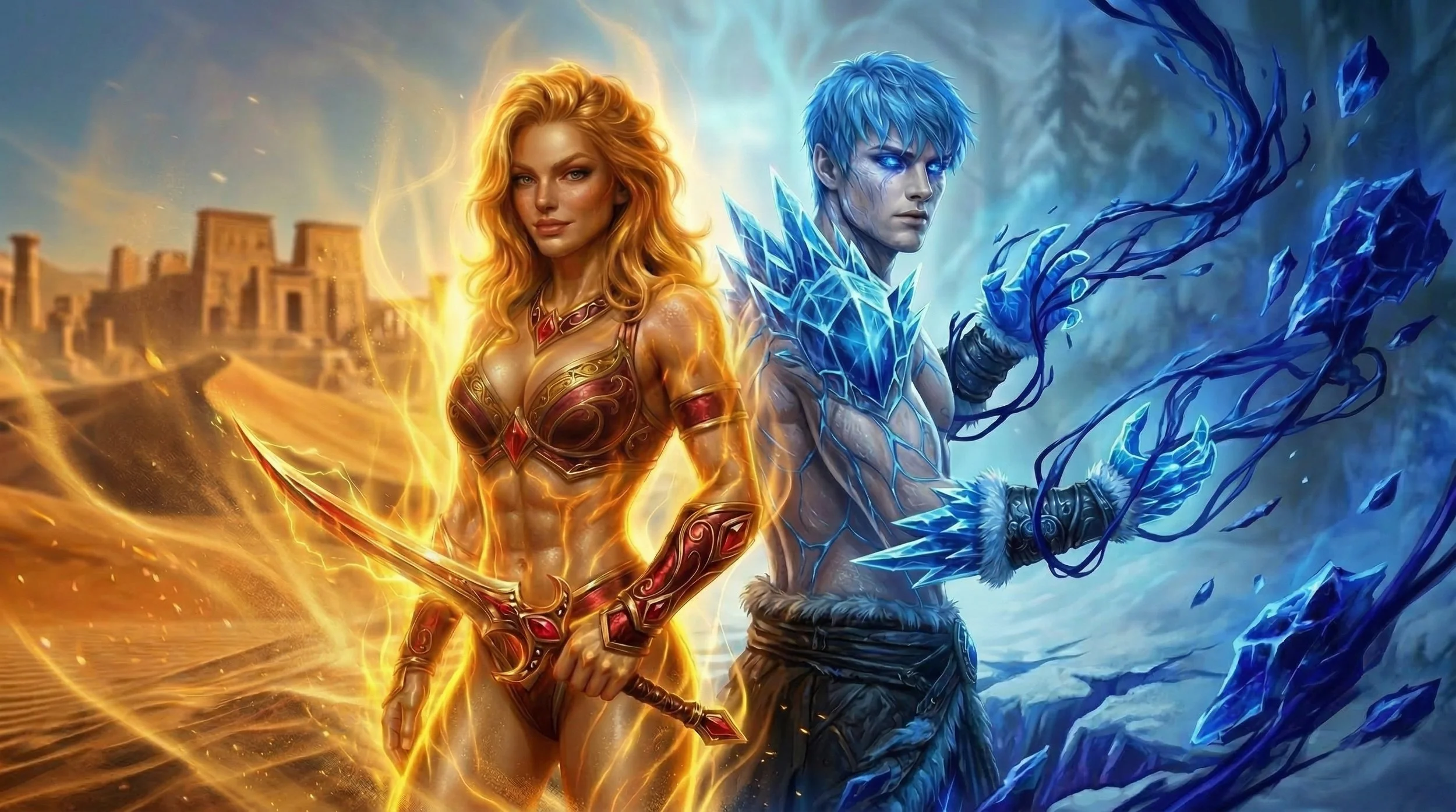 Fantasy artwork of a red-haired warrior woman glowing with fire on one side and a blue-haired ice elementalist on the other, against a background of a castle and icy landscape.