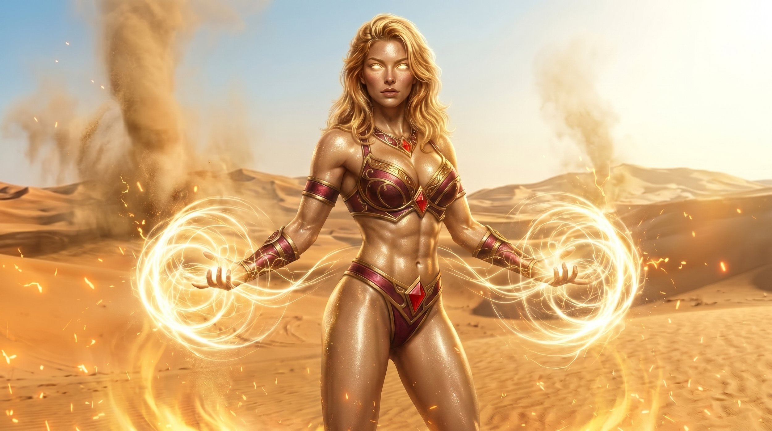 A female superhero with blonde hair, glowing eyes, and golden skin in a desert setting, wielding energy rings in her hands.