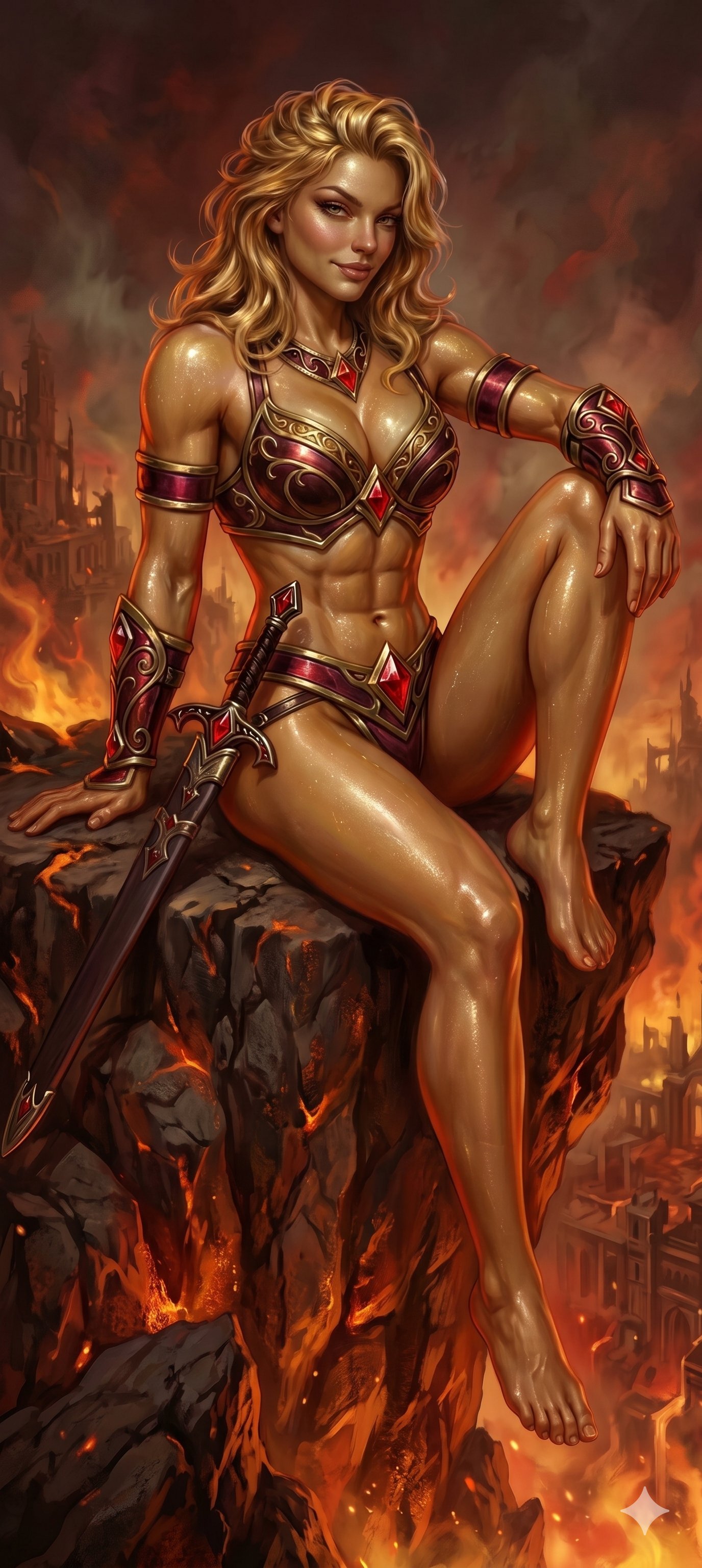 Fantasy illustration of a blonde female warrior with armor, sitting on a rocky ledge in a fiery, ruined cityscape background.