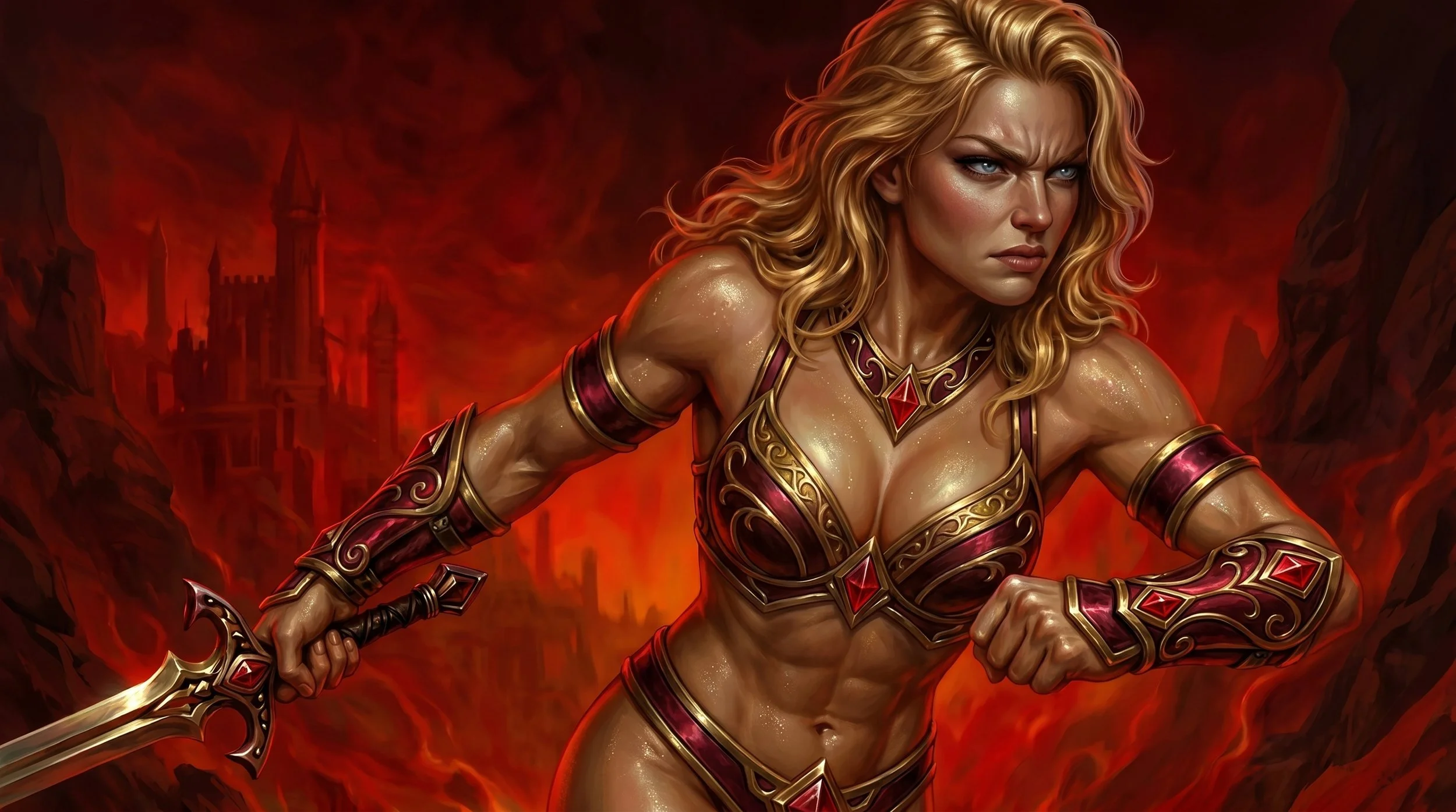 A fierce female warrior with blonde curly hair and blue eyes, dressed in red and gold armor, holding a weapon, with a fiery red castle and mountains in the background.