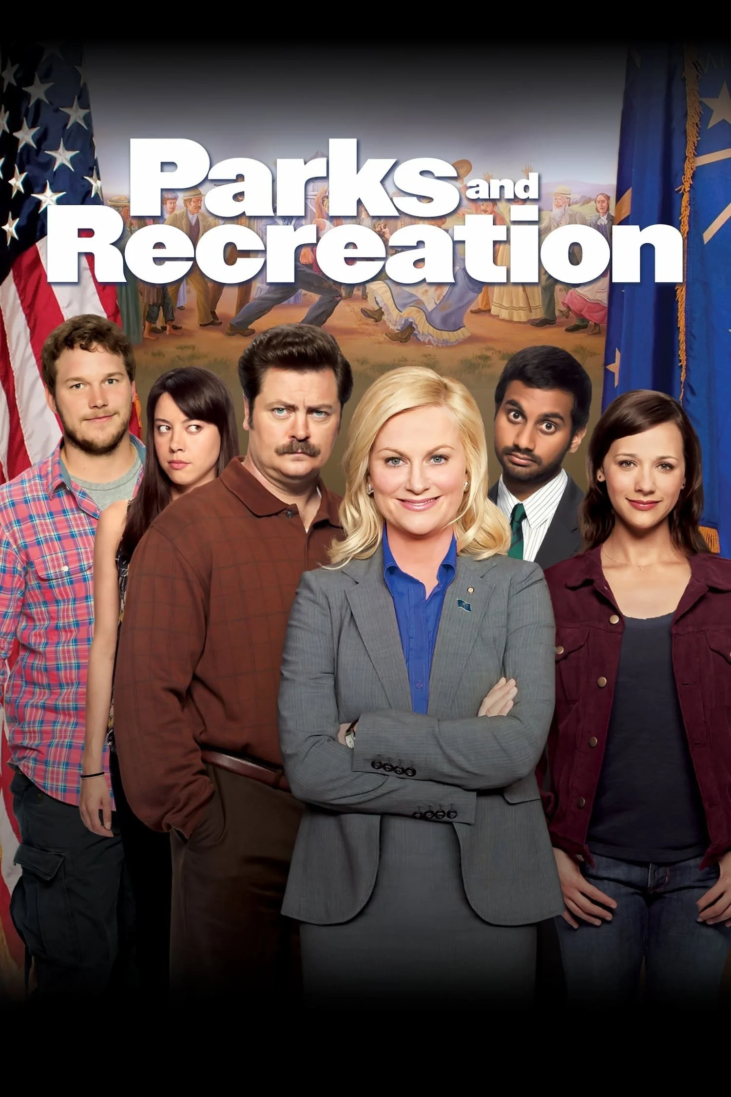 Poster of the TV show 'Parks and Recreation' featuring Leslie Knope and four other characters standing in front of flags, with a background scene in a park setting.