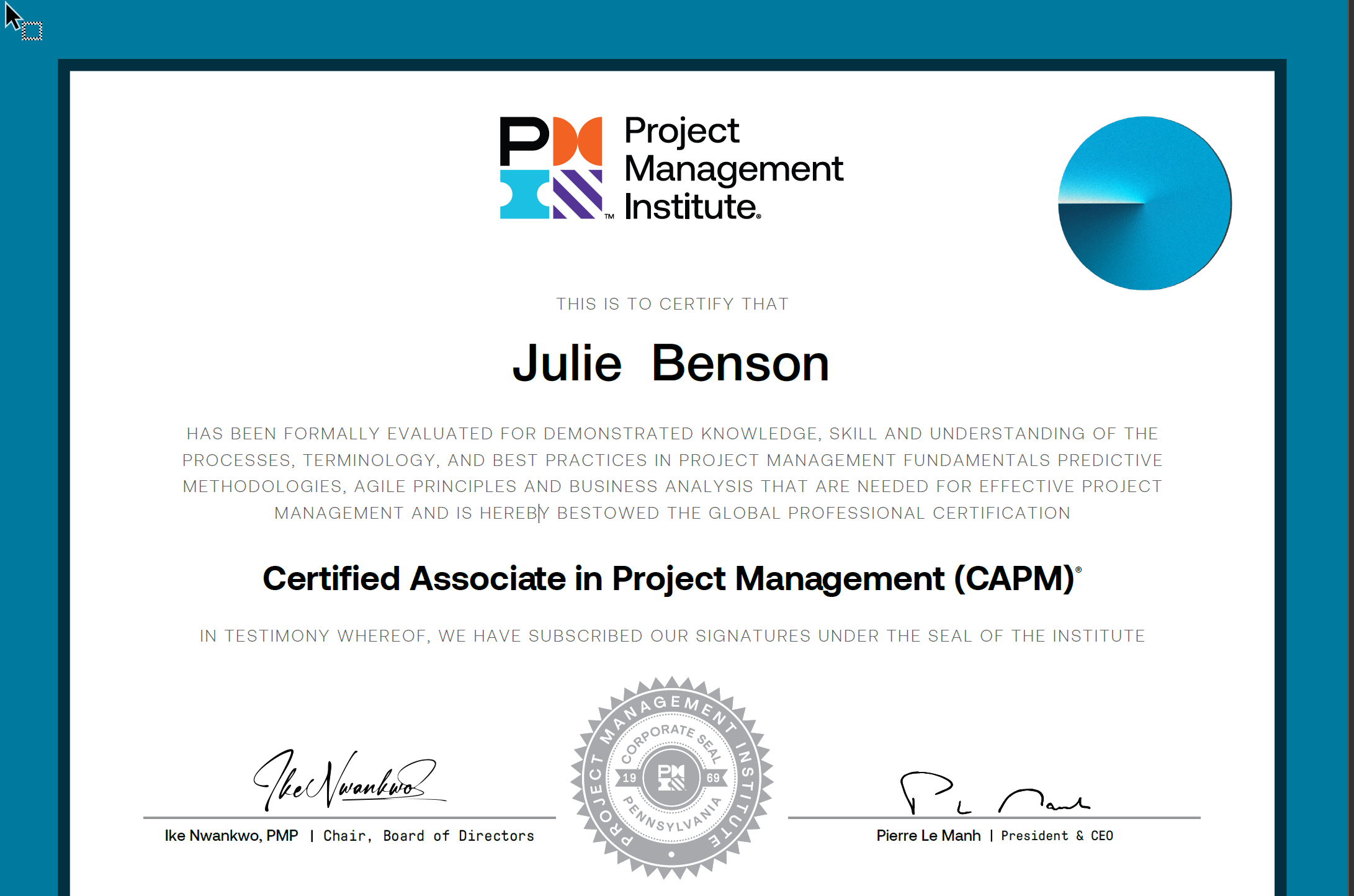 Julie Benson CAPM certificate