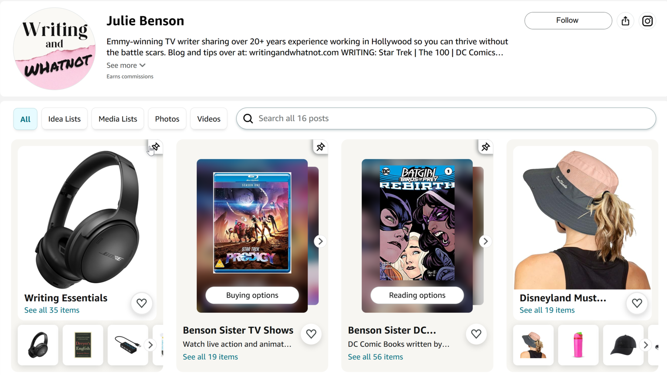 Screenshot of an online shopping page displaying various media and merchandise, including black headphones, a Blu-ray cover for 'Star Trek: Prodigy,' a comic book cover for 'Batgirl: Rebirth,' and a woman wearing a beige and pink Disneyland hat.