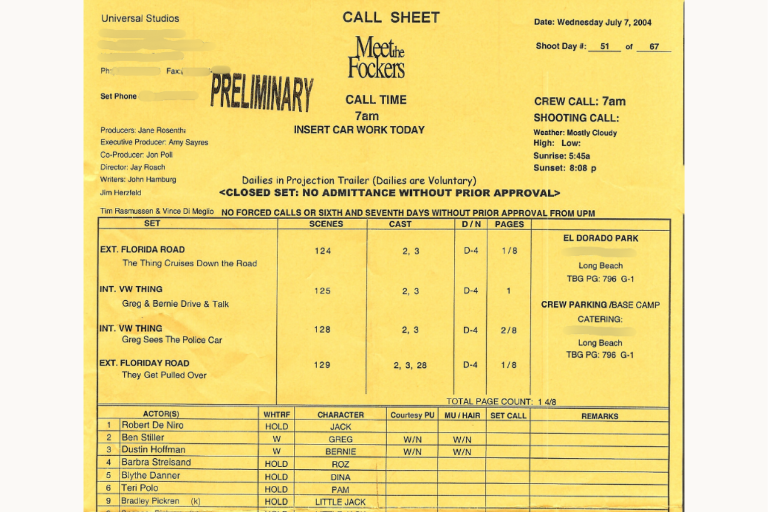 Meet the Fockers Call Sheet