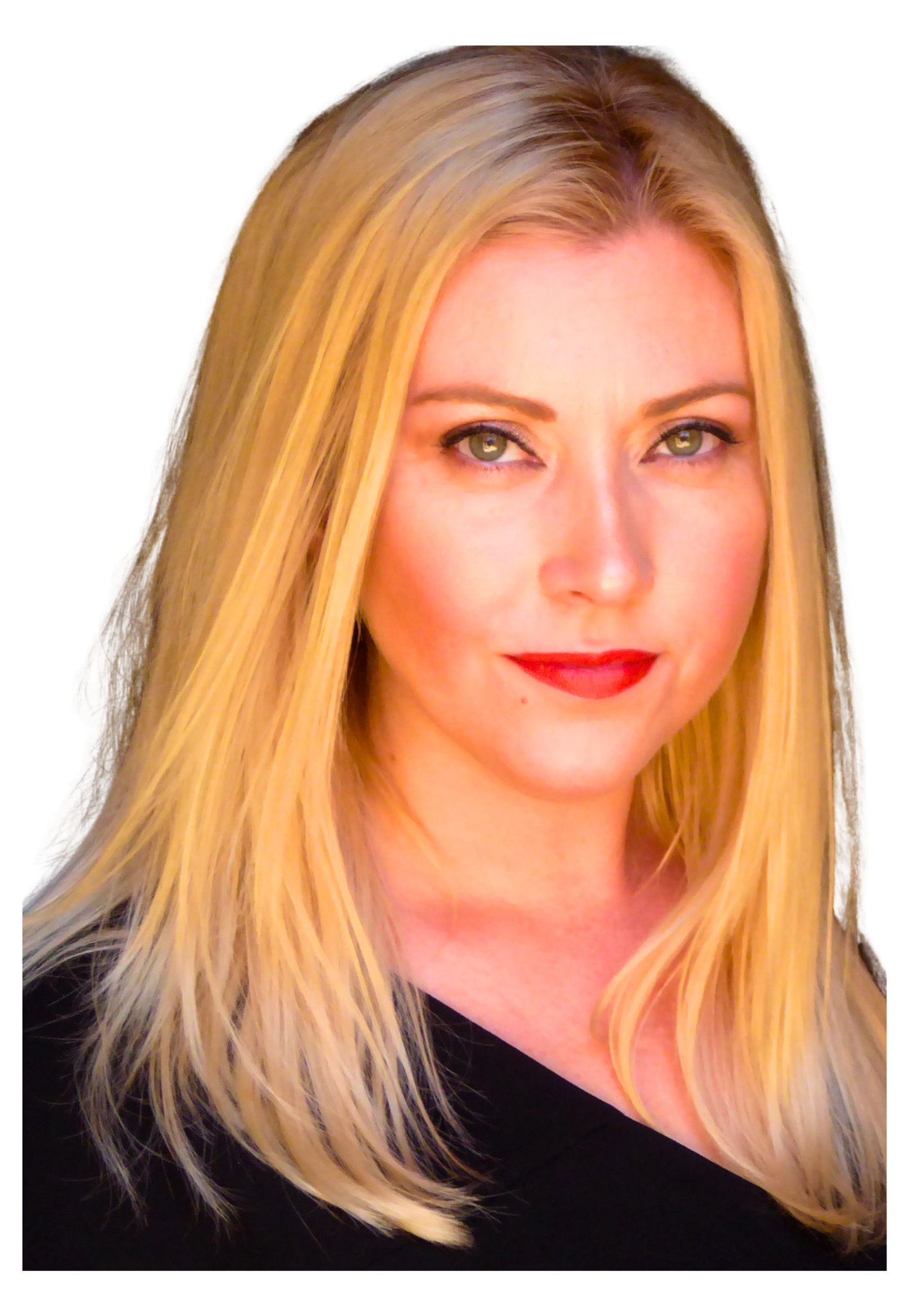 Close-up of a Julie Benson with long blonde hair, green eyes, red lipstick, and a black top, against a black background.