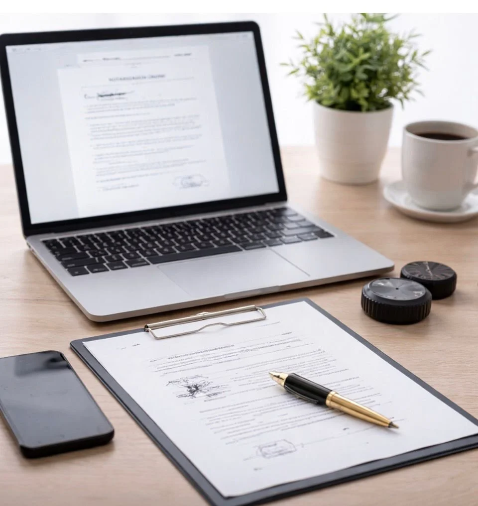 Espacio de trabajo para notarización remota, preparación de documentos legales y servicios administrativos en línea.