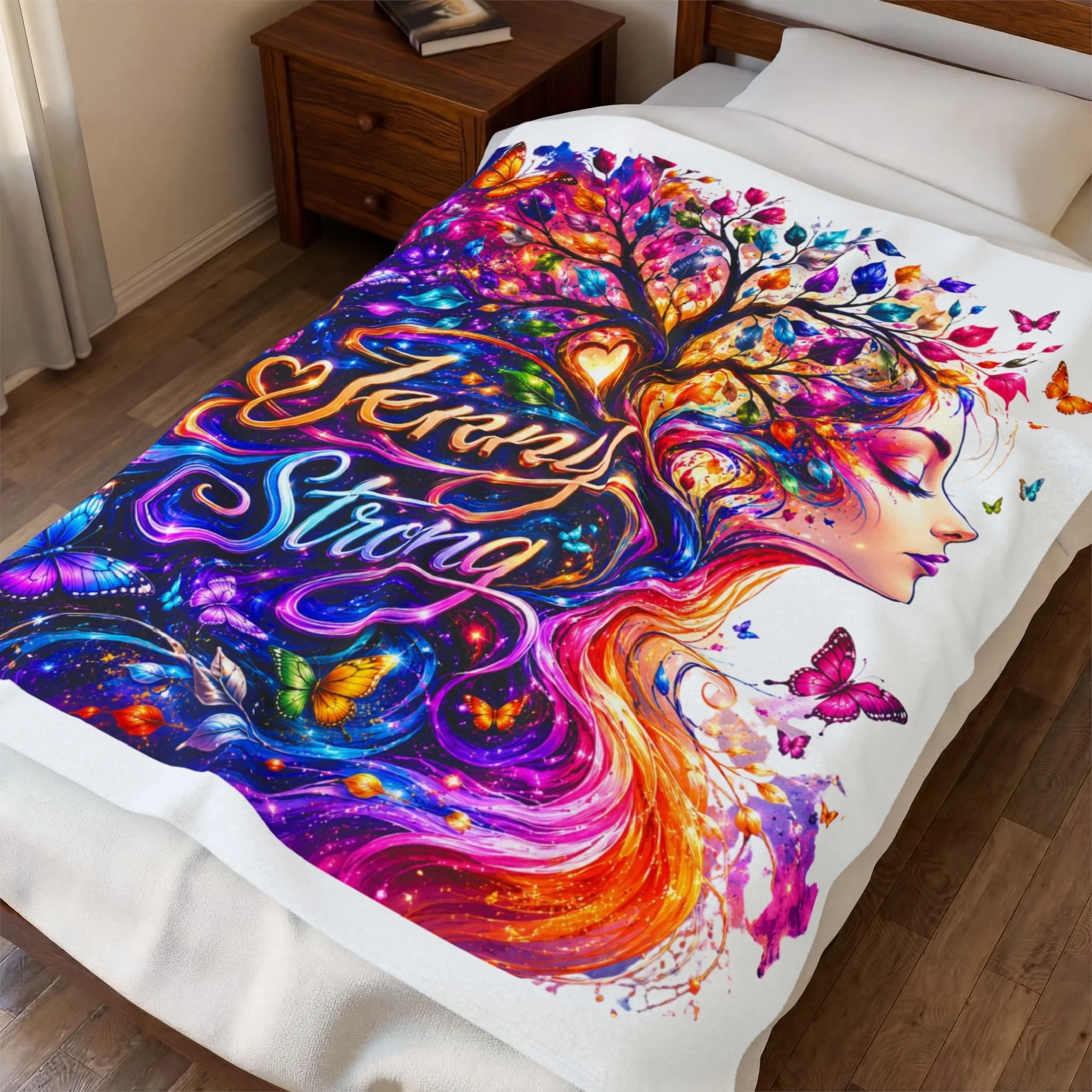 Velveteen Plush Blanket ALS— 'Jenny Strong' Colorful Mermaid Tree Design