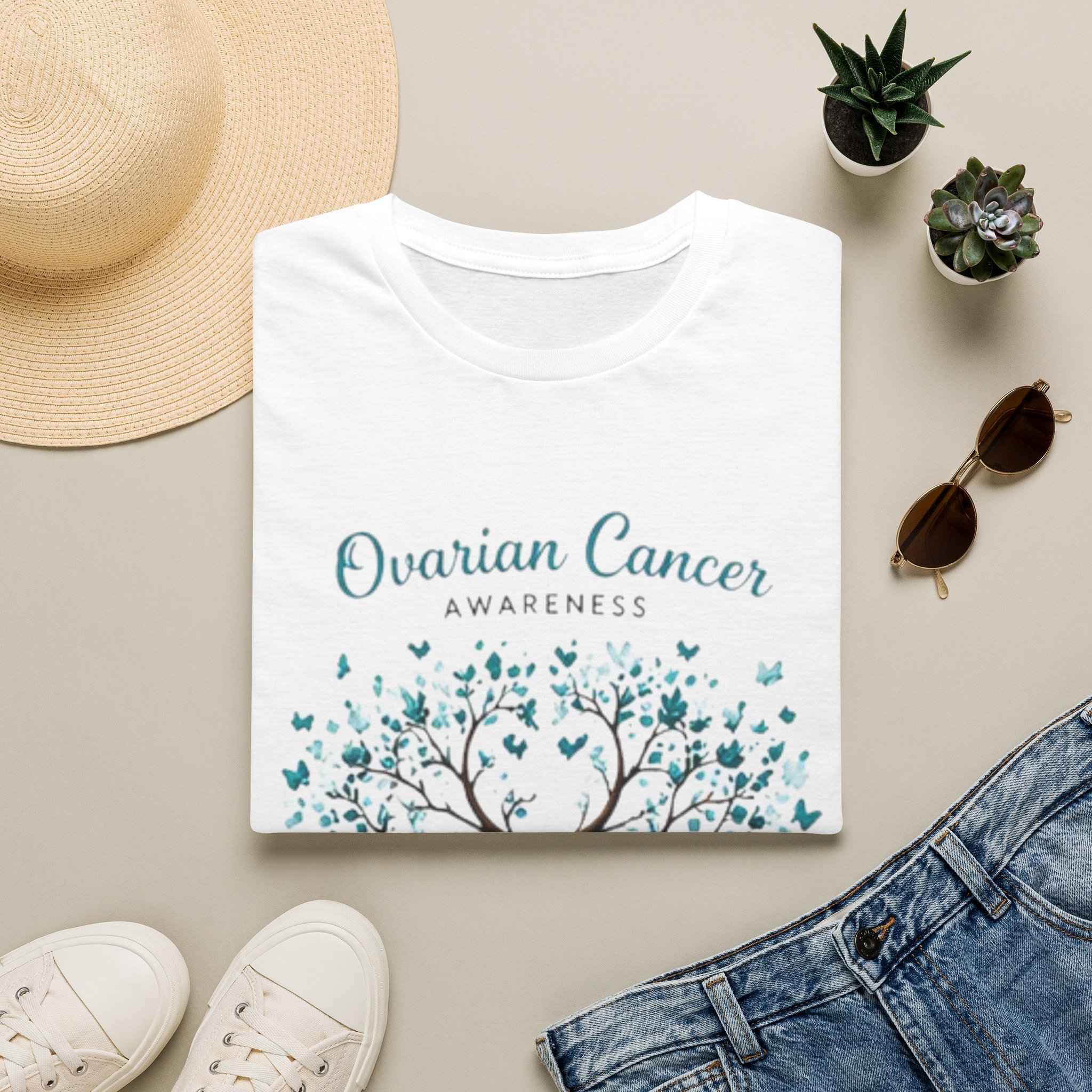Ovarian Cancer Awareness T-Shirt — Teal Ribbon Tree Design