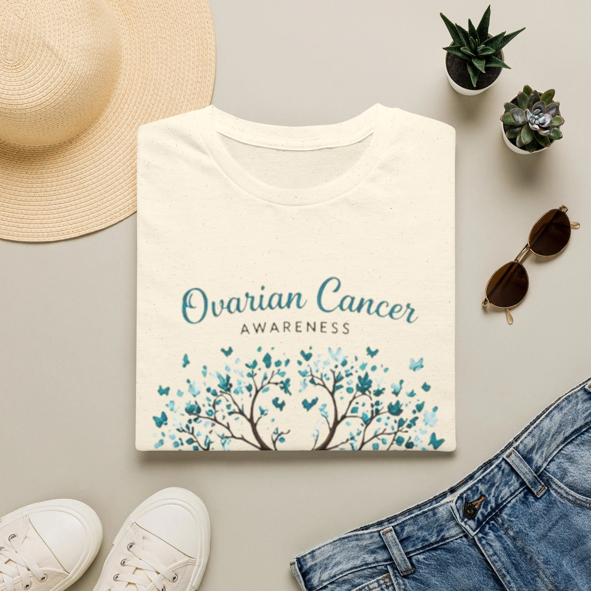 Ovarian Cancer Awareness T-Shirt — Teal Ribbon Tree Design