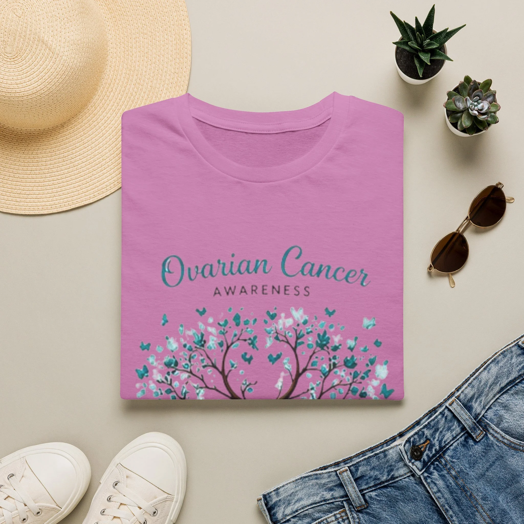 Ovarian Cancer Awareness T-Shirt — Teal Ribbon Tree Design