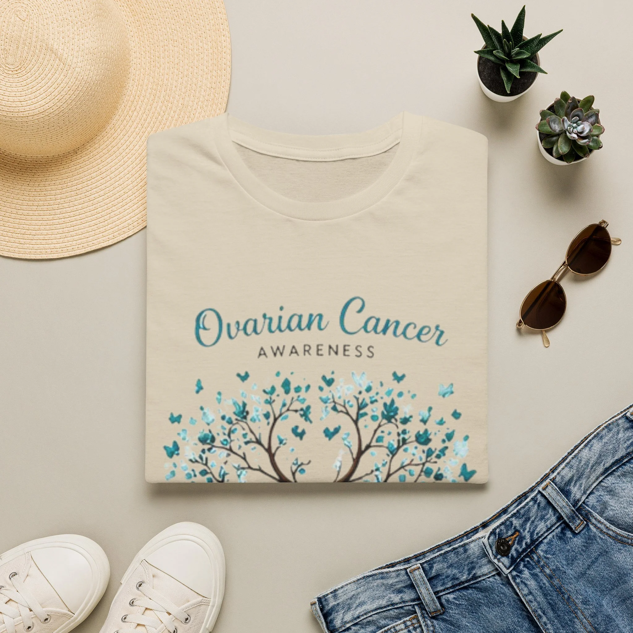 Ovarian Cancer Awareness T-Shirt — Teal Ribbon Tree Design