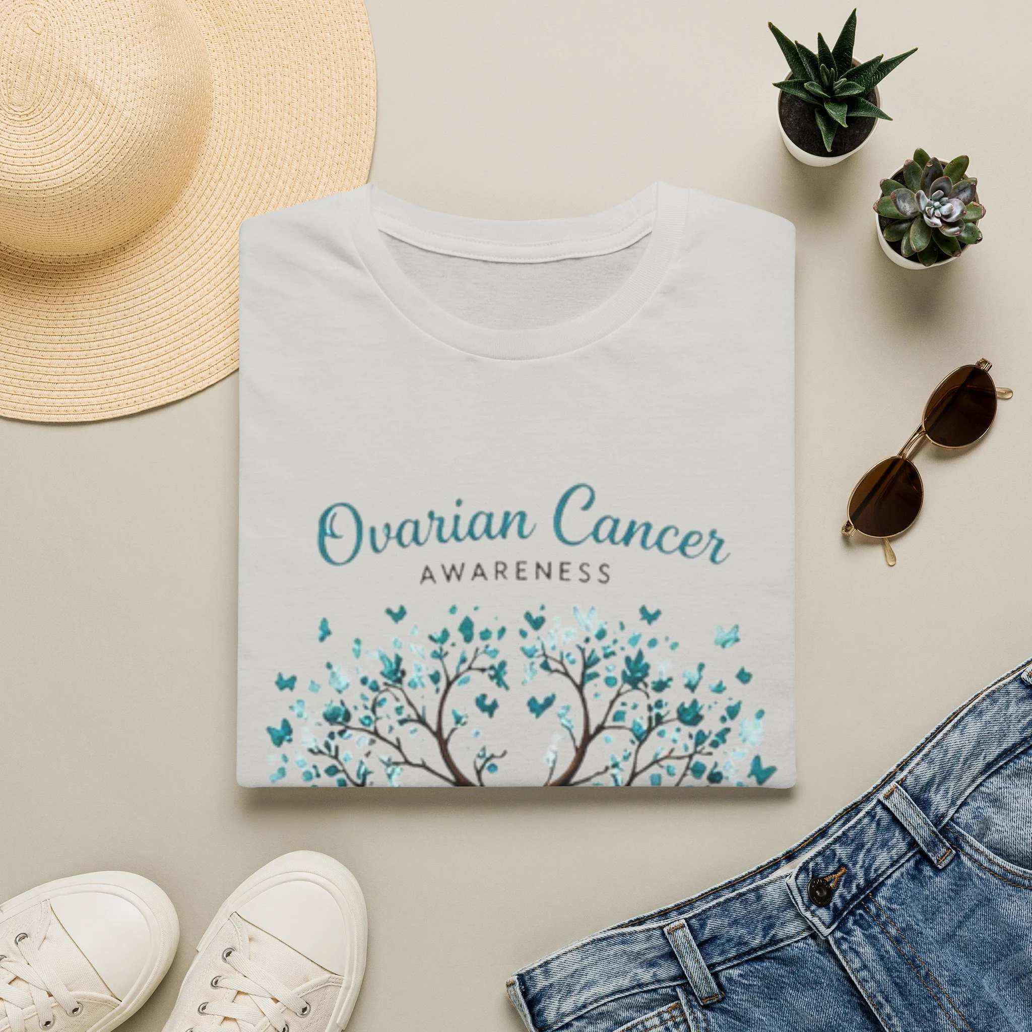 Ovarian Cancer Awareness T-Shirt — Teal Ribbon Tree Design