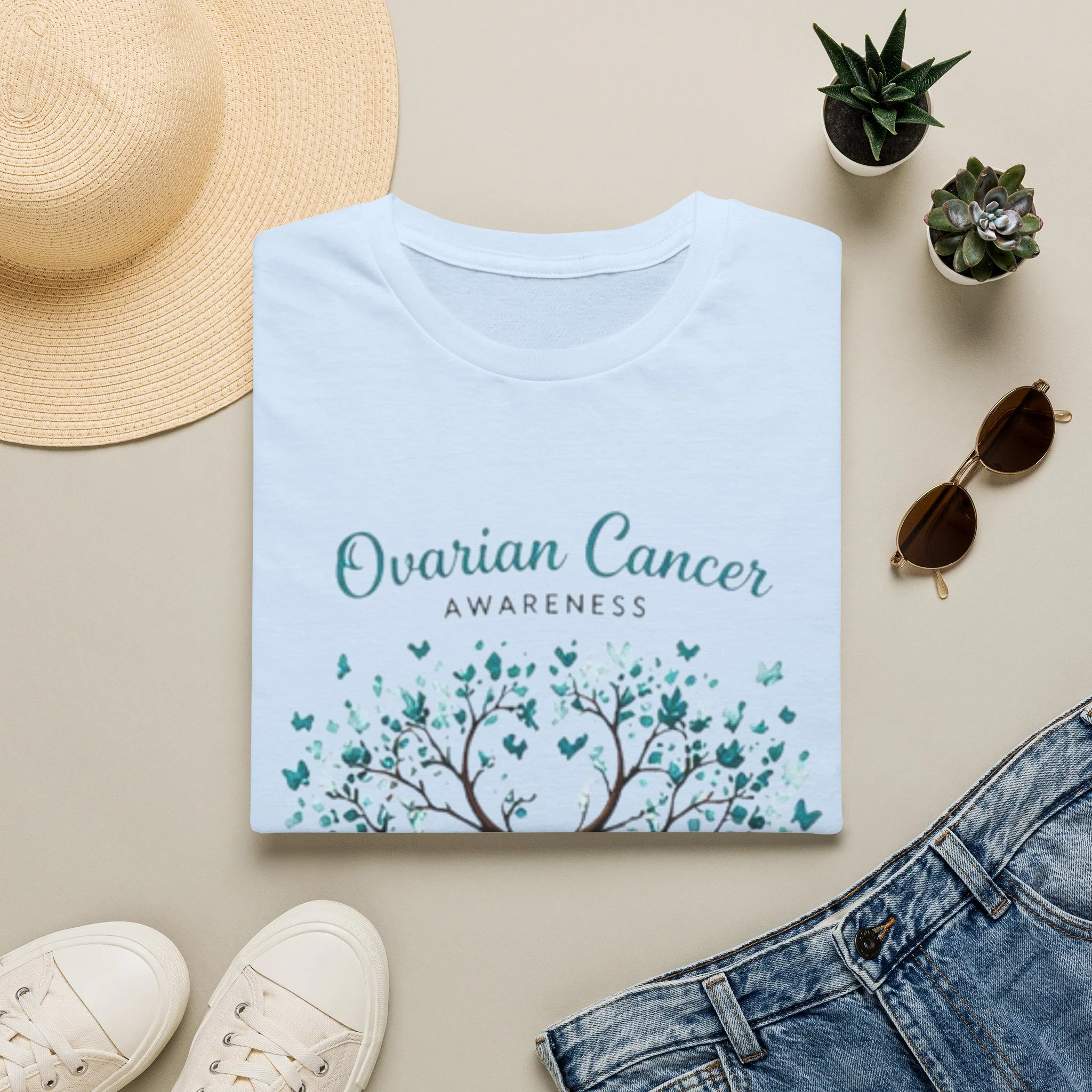 Ovarian Cancer Awareness T-Shirt — Teal Ribbon Tree Design