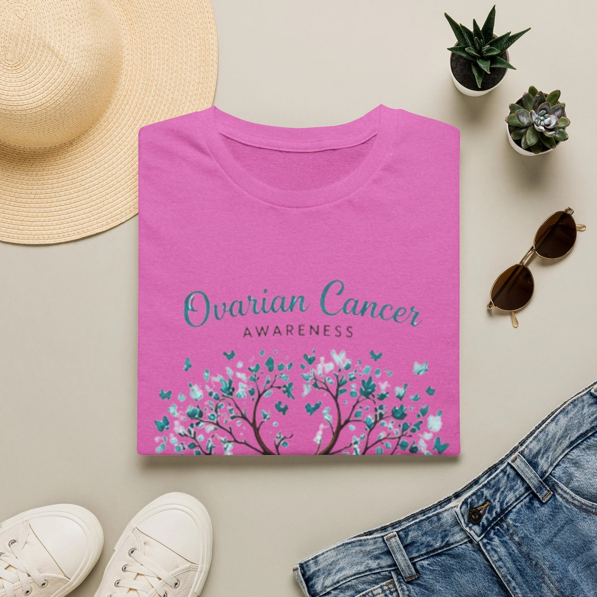 Ovarian Cancer Awareness T-Shirt — Teal Ribbon Tree Design