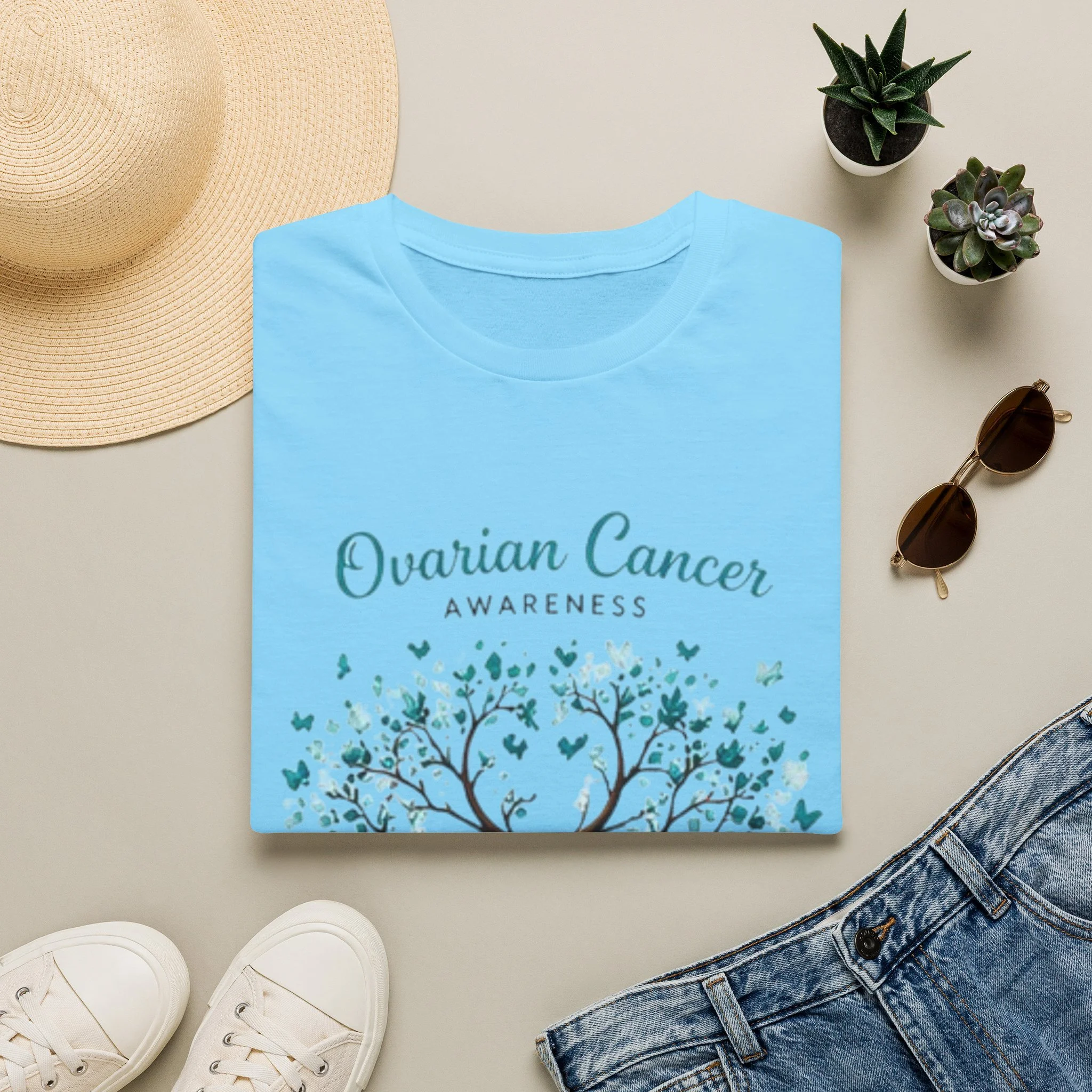 Ovarian Cancer Awareness T-Shirt — Teal Ribbon Tree Design