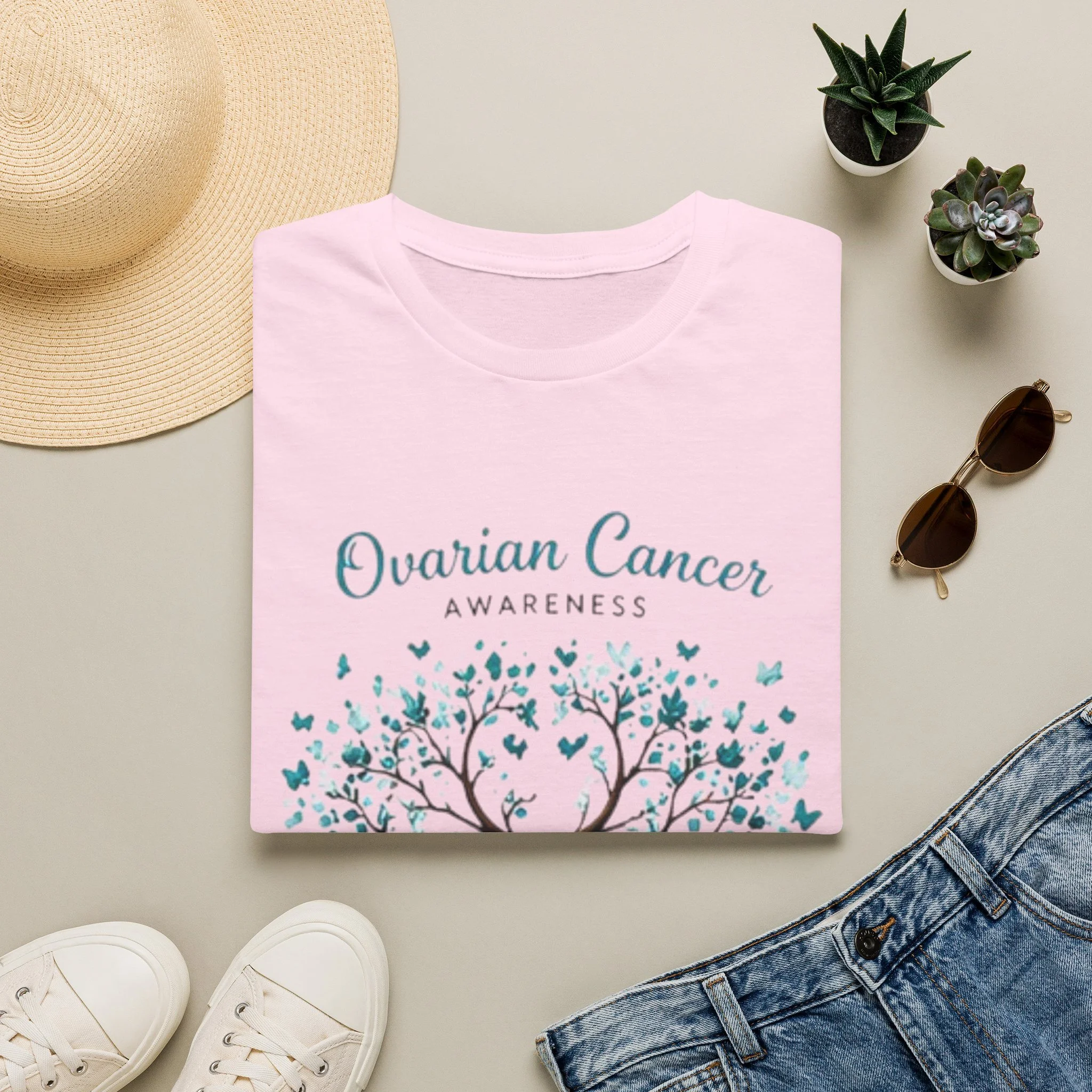 Ovarian Cancer Awareness T-Shirt — Teal Ribbon Tree Design