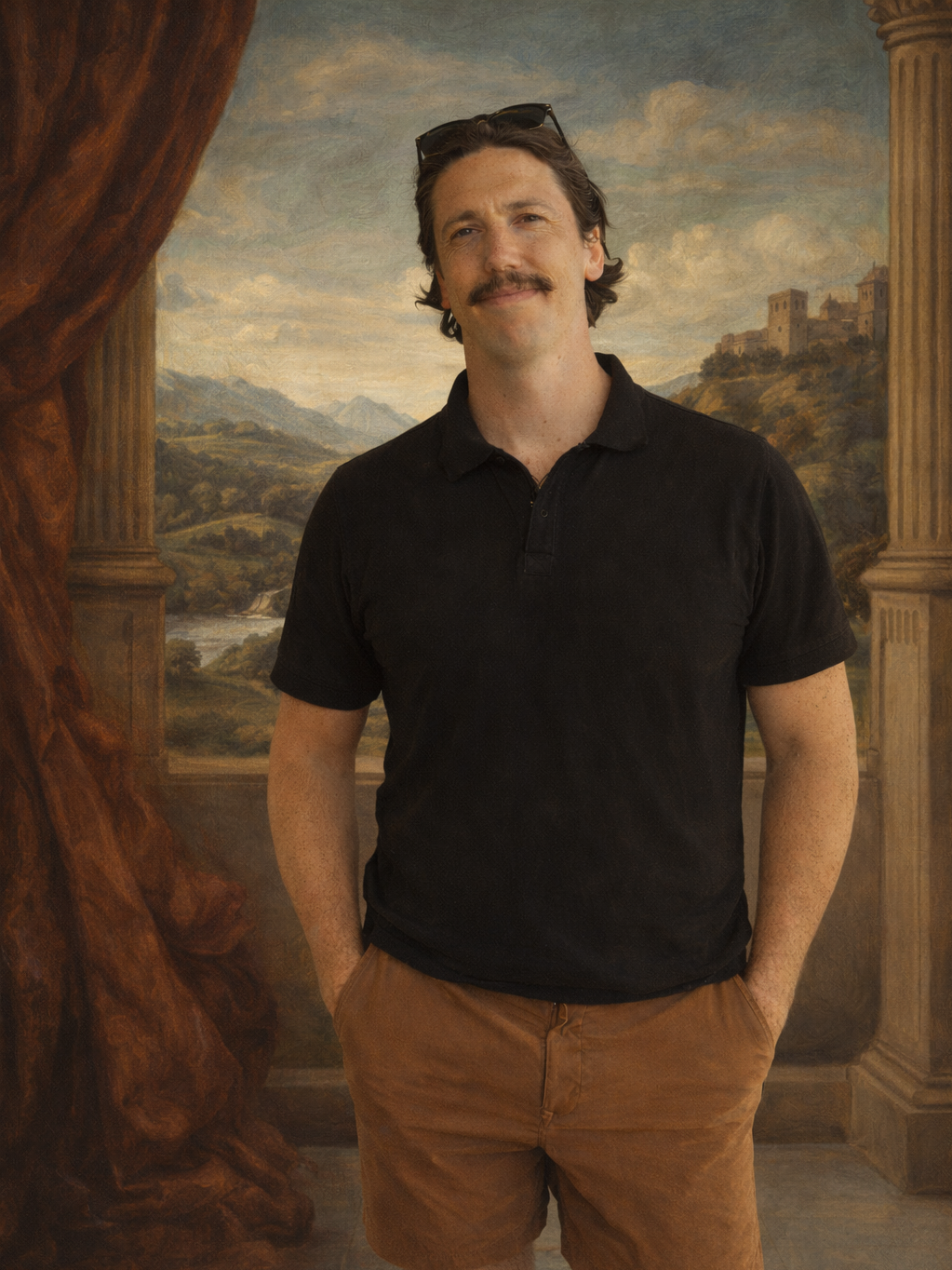 A man with a mustache and sunglasses on his head, wearing a black polo shirt and khaki shorts, standing in front of a painted scenic landscape backdrop with mountains, river, and medieval buildings.