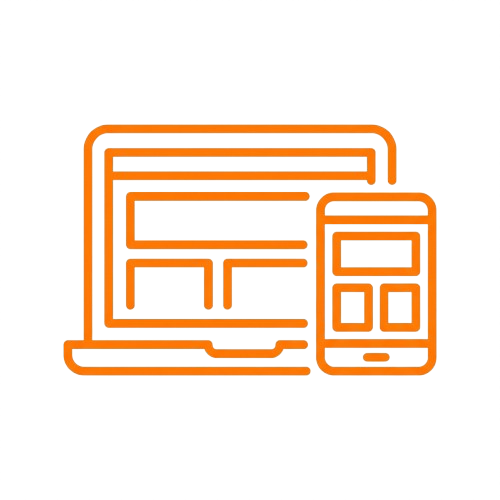 Et ikon af en computer og en smartphone, begge i orange, symboliserer digital kommunikation eller teknologiintegration.