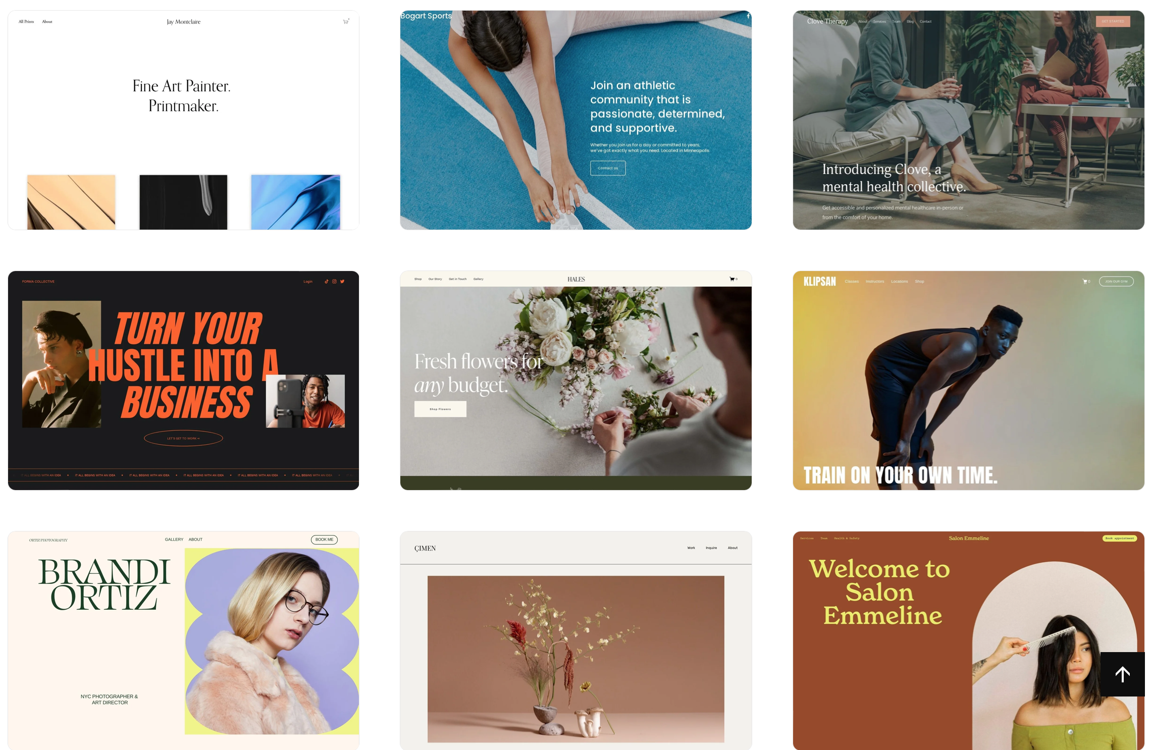En samling af ni forskellige hjemmesidedesigns med forskellige temaer som kunst, fitness, blomster, frisør, byggeri, mental sundhed, fotografi, kunst, blomsterdekoration og frisørservice.