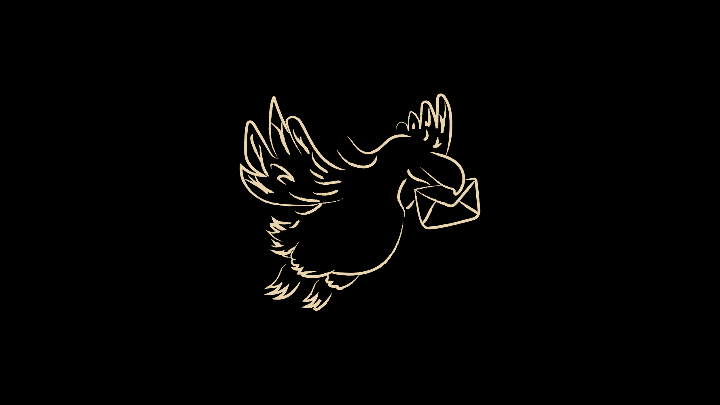 Line art illustration of a flying dodo bird holding an envelope in its beak, against a black background.