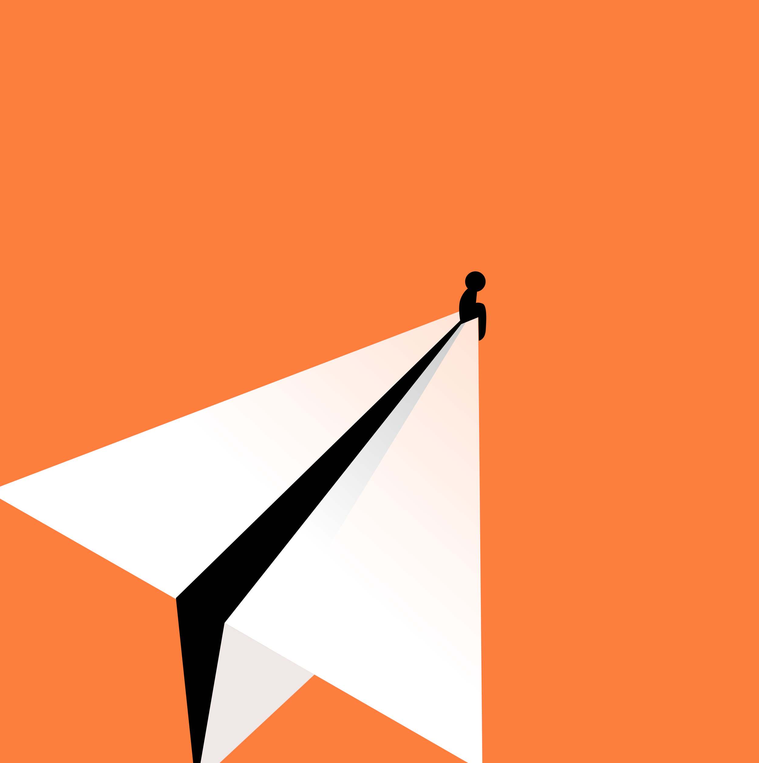 A minimalistic illustration of a person sitting at the tip of a paper airplane against an orange background.