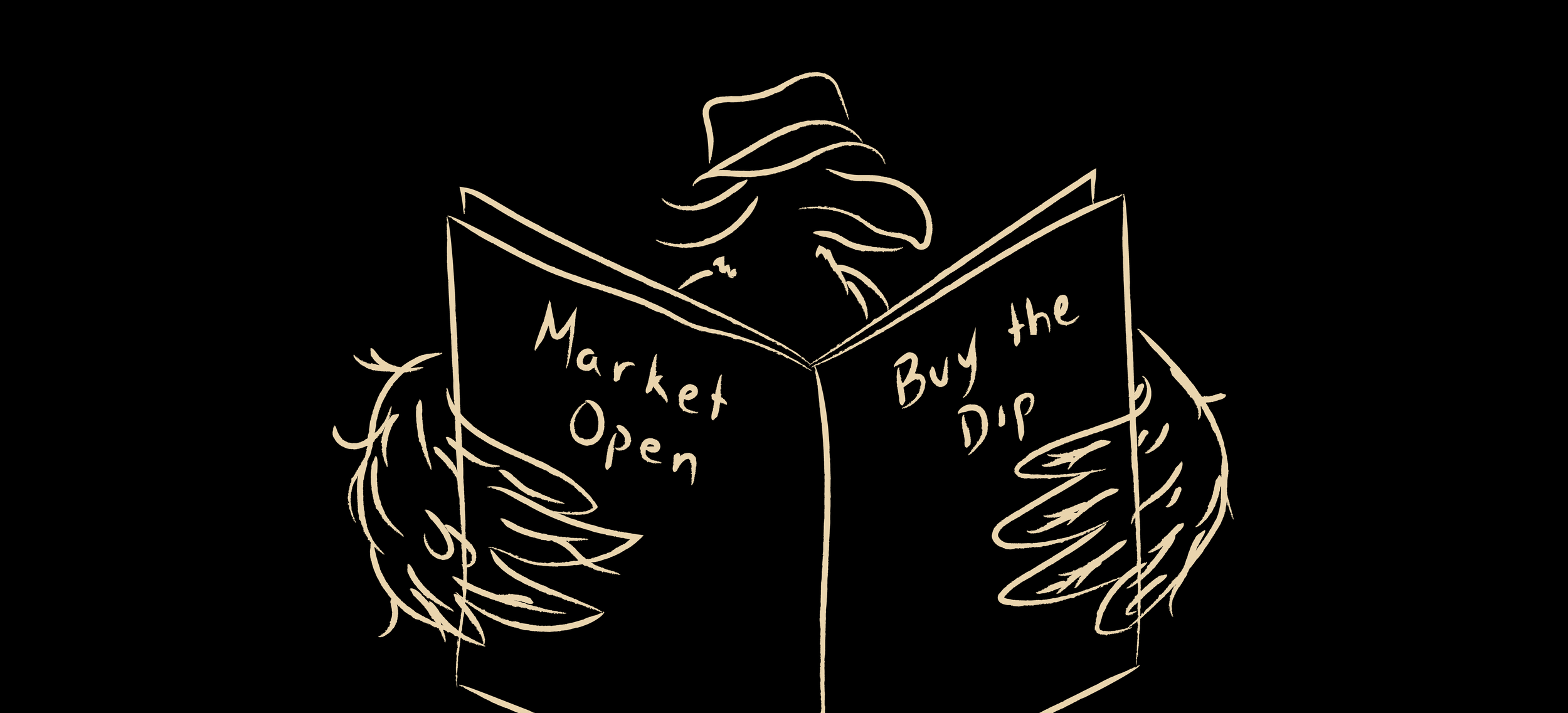 Line drawing of a bird with a hat reading a book with the words "Market Open" on one side and "Buy the Dip" on the other.