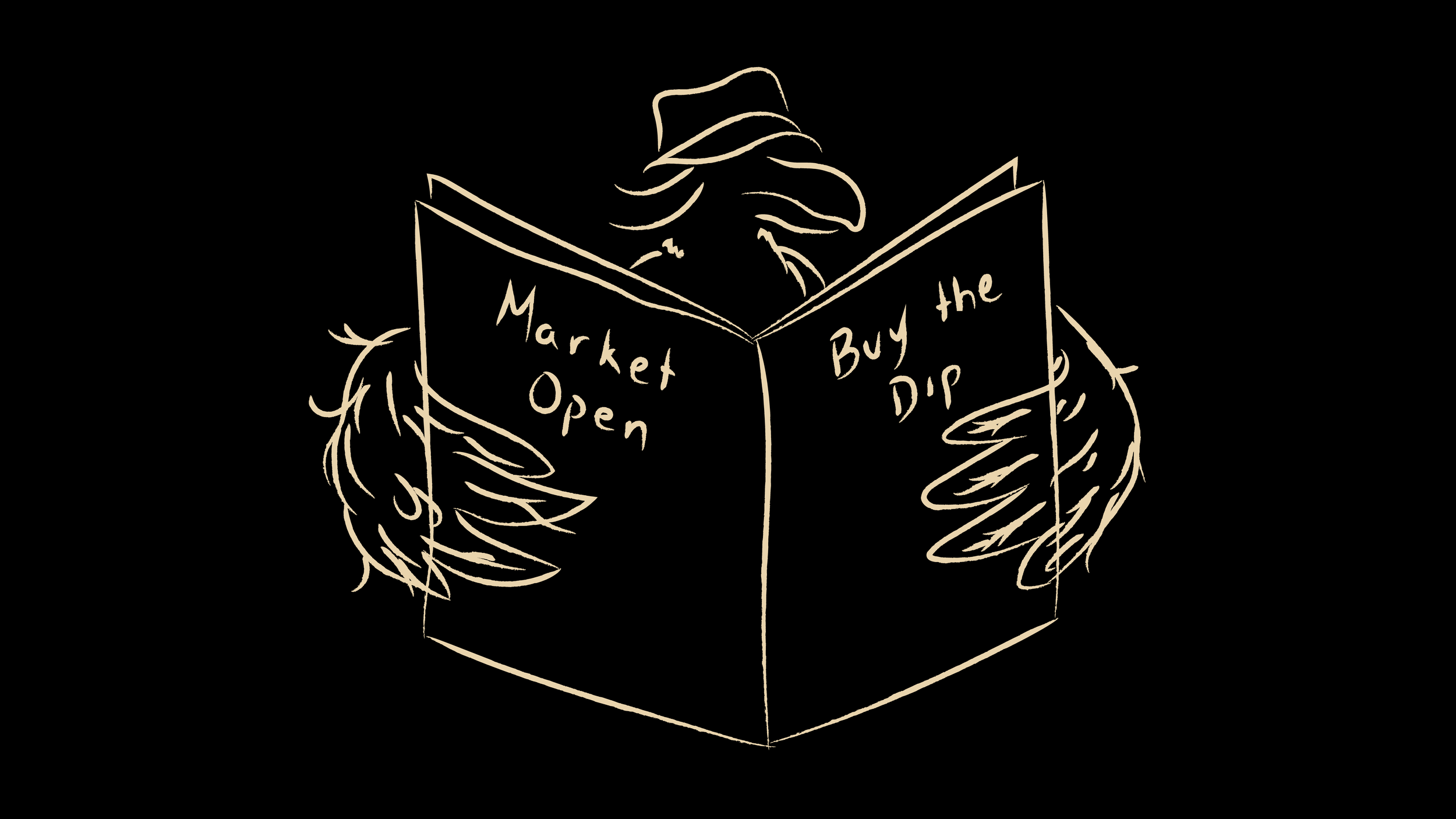 A line art illustration of a dodo bird wearing a sunhat, holding an open book with the phrases 'Market Open' on the back cover  and 'Buy the Dip' on the front cover.