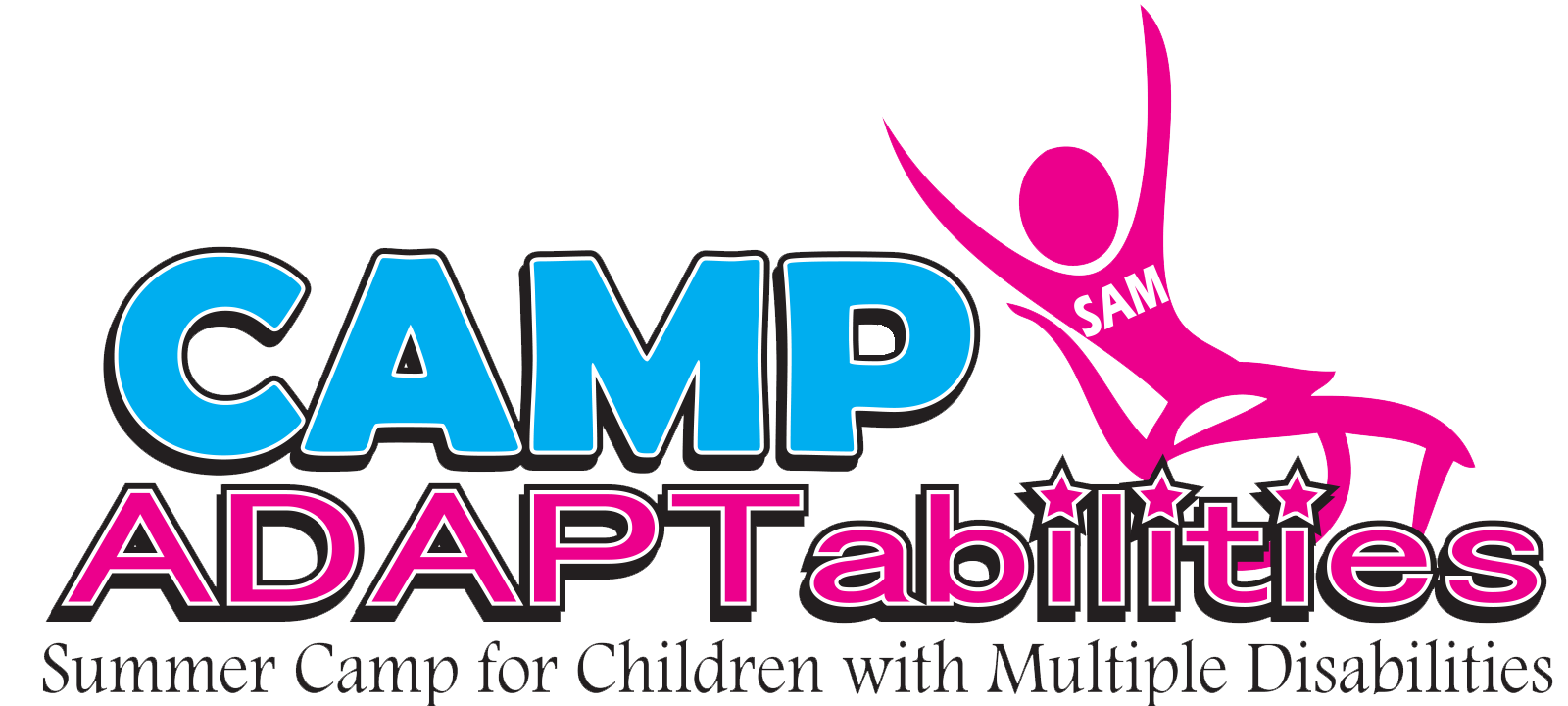 Logo for CAMP SAM ADAPTabilities featuring a stylized figure with arms raised, text in blue and pink, and a subtitle saying 'Summer Camp for Children with Multiple Disabilities.'
