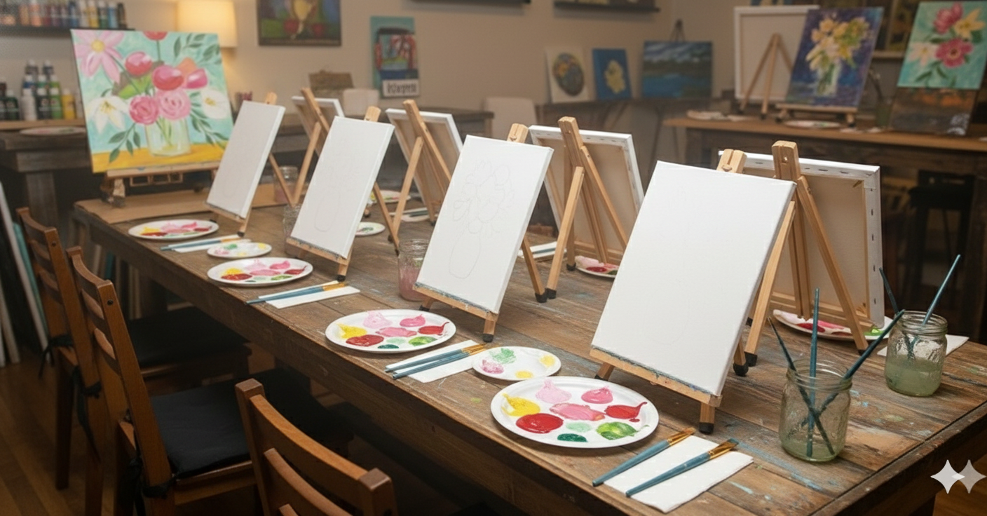 Empty canvases on easels set up for a group painting class, with paint palettes, brushes, and water jars on a wooden table in an art studio.