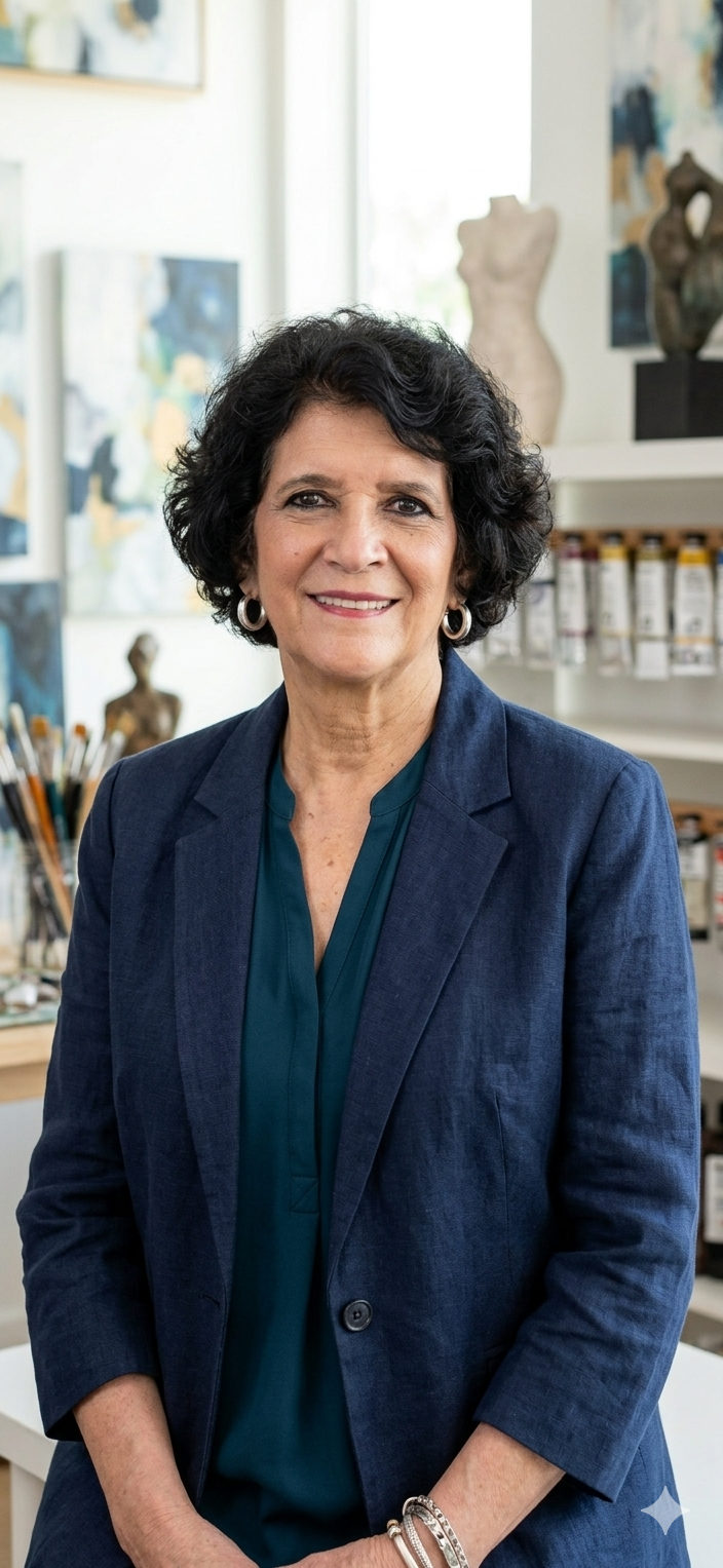 A woman with short curly black hair wearing a navy blue blazer and teal blouse, smiling and standing in an art studio with paintings and sculptures in the background.