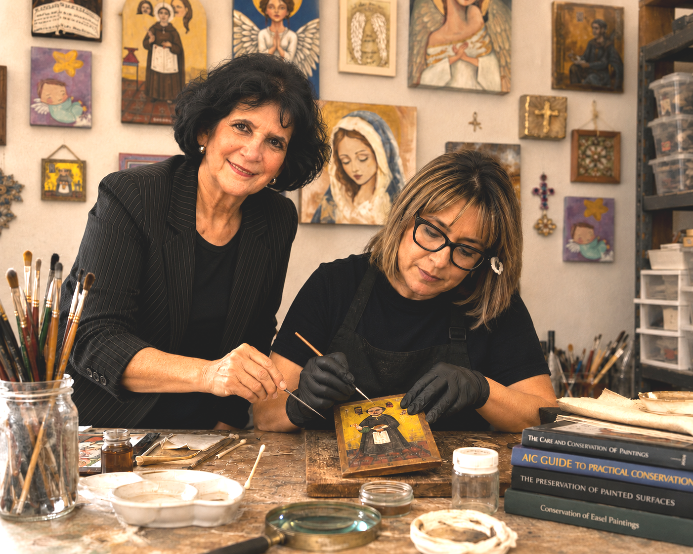 Two women working on restoring a religious icon painting at a cluttered art restoration workspace. The woman on the left is smiling at the camera, while the woman on the right, wearing glasses and black gloves, is carefully cleaning the painting with small tools. The background features various religious and angel-themed artworks hung on the wall.