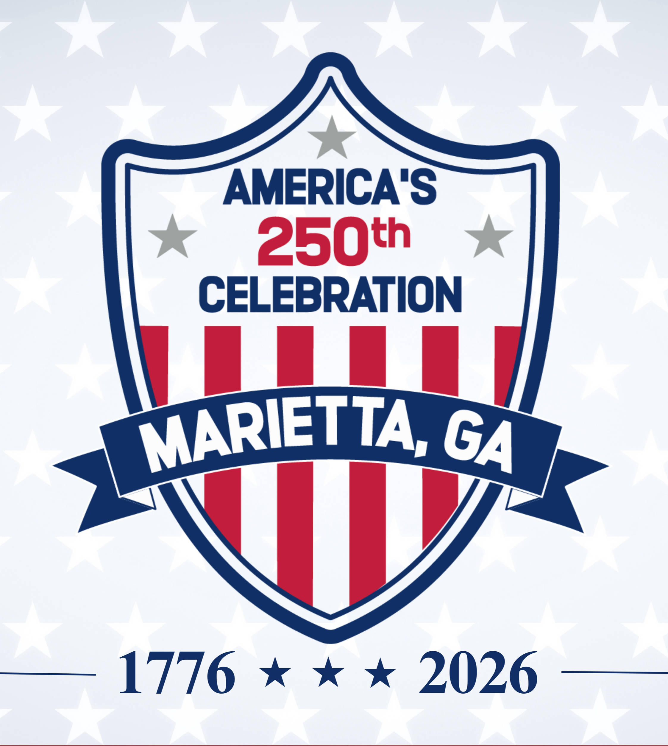 A patriotic graphic celebrating Marietta, Georgia's 250th anniversary with an emblem designed like a badge, red and white stripes, and blue text. The background features light gray stars.