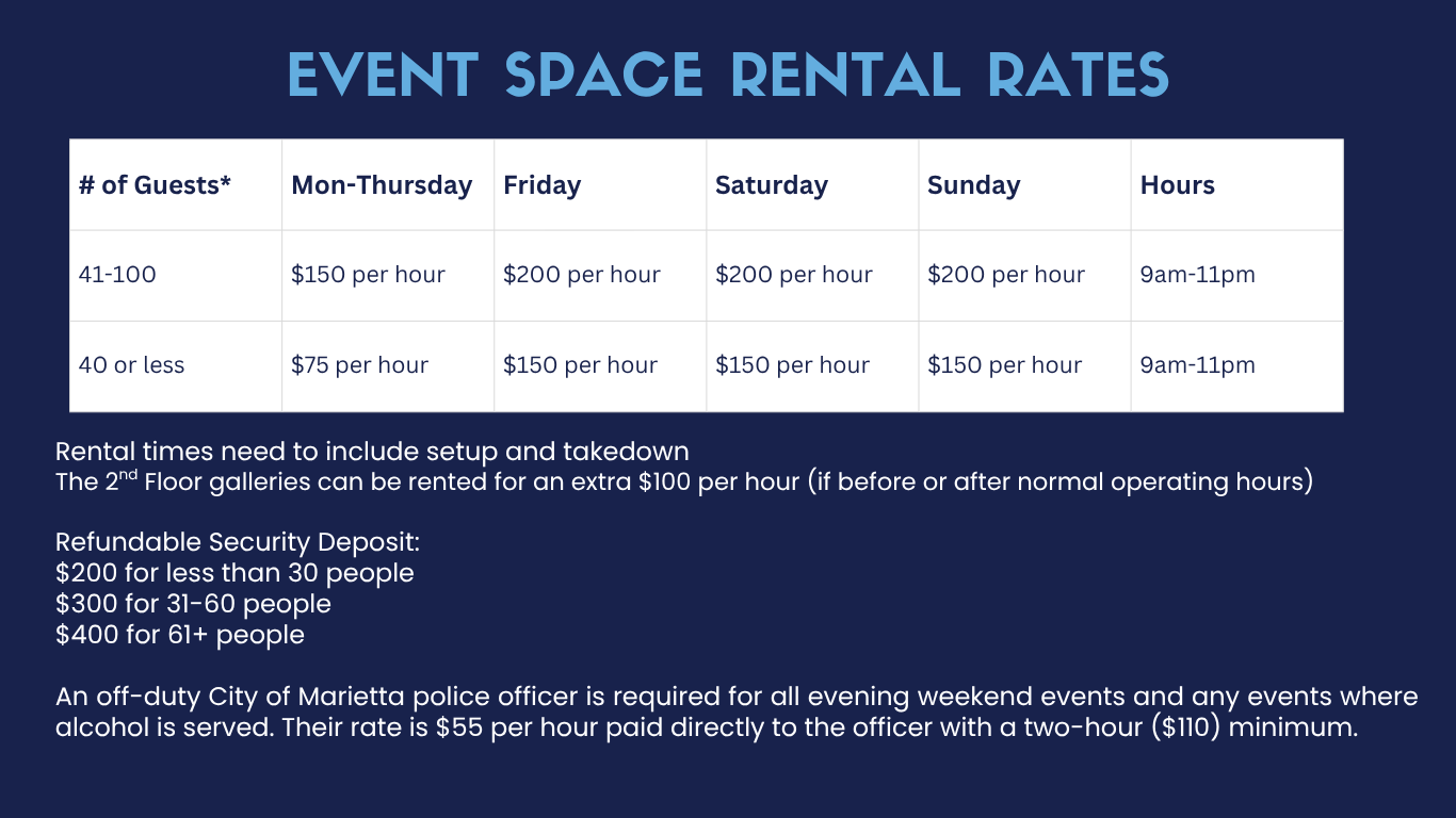 Schedule of event space rental rates with price details for different hours and guest counts, including additional fees and security deposit information.
