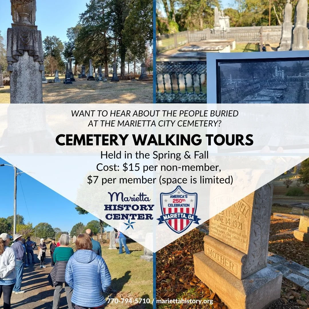 Flyer for cemetery walking tours at Marietta City Cemetery, with photos of gravestones, visitors, and the cemetery grounds.