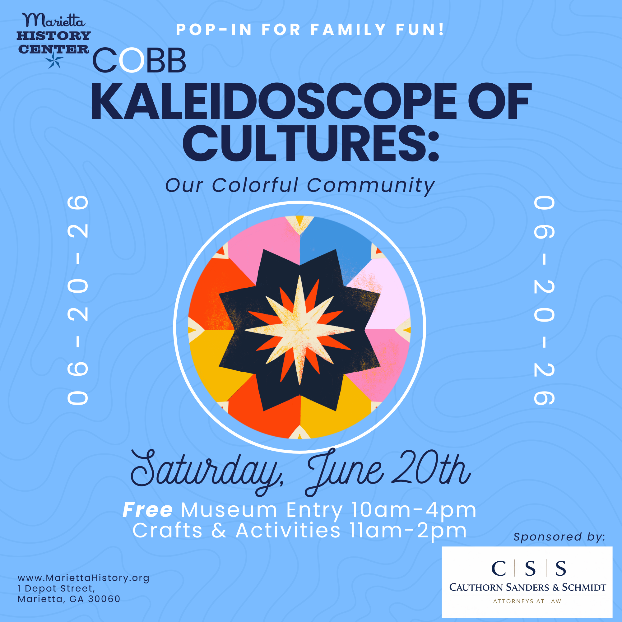 Flyer for the Marietta History Center's event, featuring a colorful kaleidoscope graphic and text about the event details, including date, time, location, and activities like free museum entry, crafts, and activities.