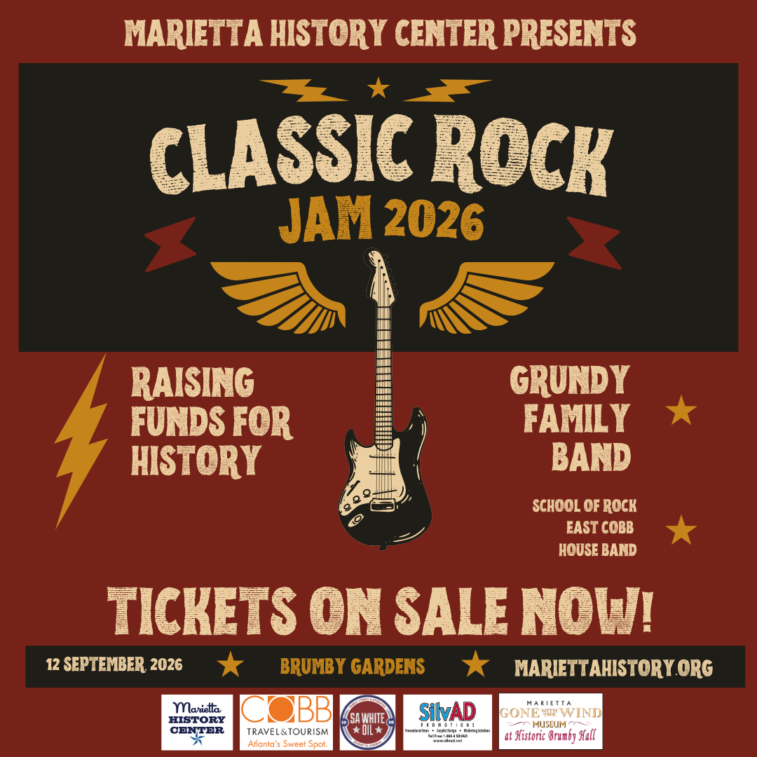 A promotional poster for the Classic Rock Jam 2026 event, presented by the Marietta History Center. The poster features a black background with red and beige accents, an electric guitar with wings in the center, and symbols like lightning bolts and stars. It announces that tickets are on sale now for an event on September 12, 2026, at Brumby Gardens. The poster highlights fundraising details for history and mentions the Grundy Family Band, School of Rock, East Cobb House Band, and various sponsors.