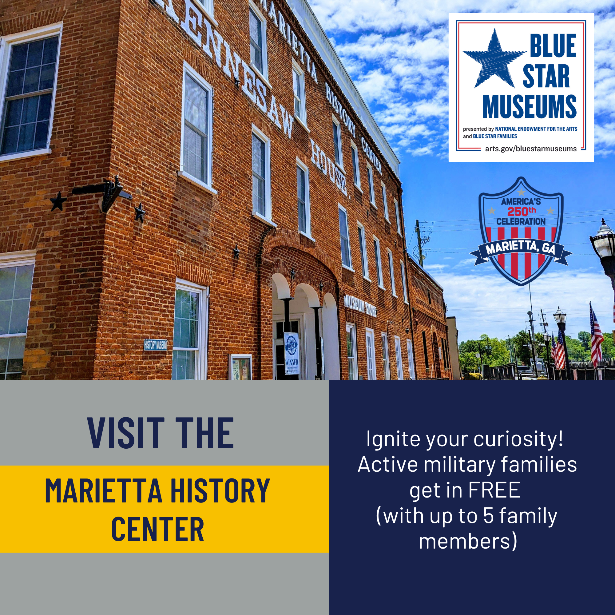 Sign at a museum in Marietta, Georgia promoting the Blue Star Museums program for military families, with a building facade and blue sky background.